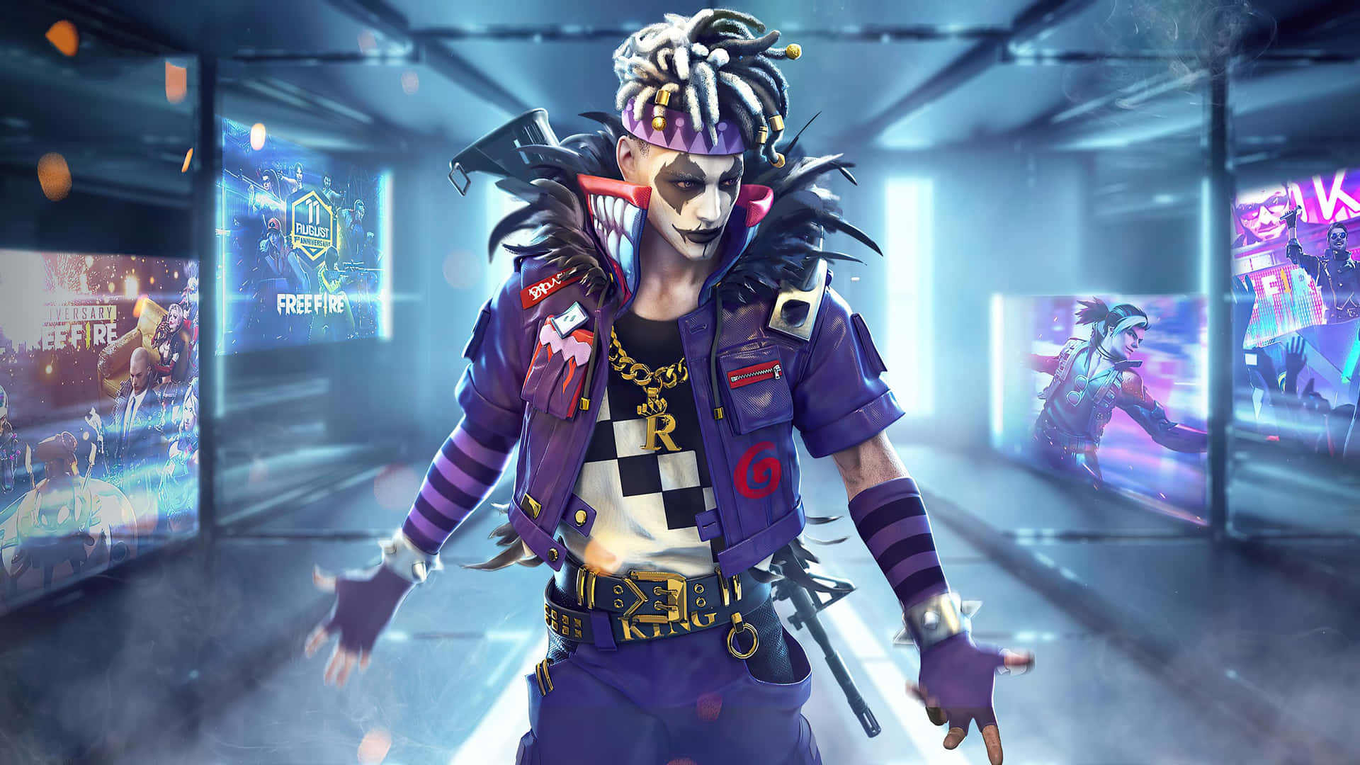在霓虹燈照亮的未來主義走廊中，帶有發光屏幕的遊戲角色。 — Free Fire 壁紙