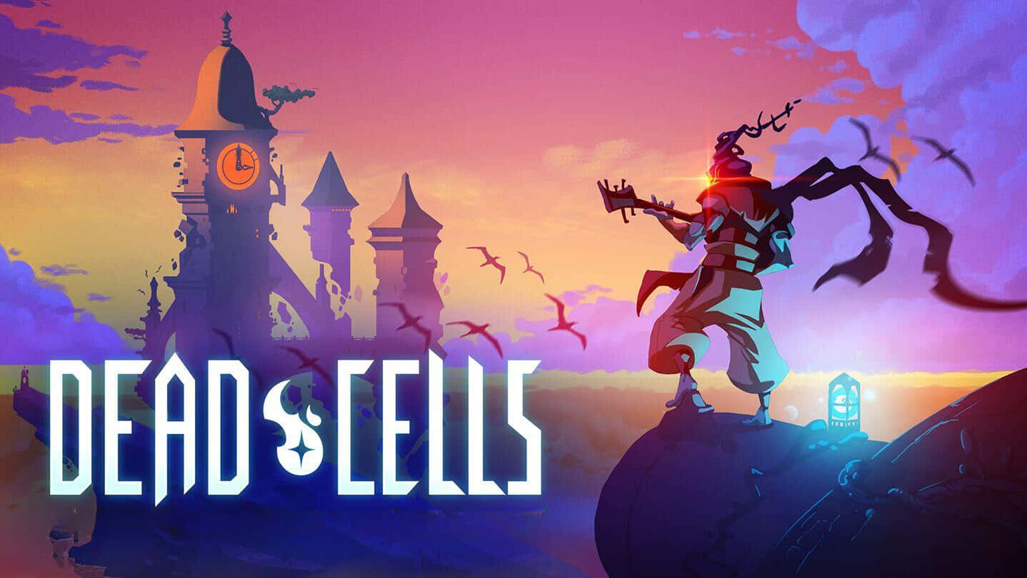  壁紙 — 一個風格化的戰士手持發光武器，站在懸崖頂上，面對著日落時分 crumbling 的鐘樓。