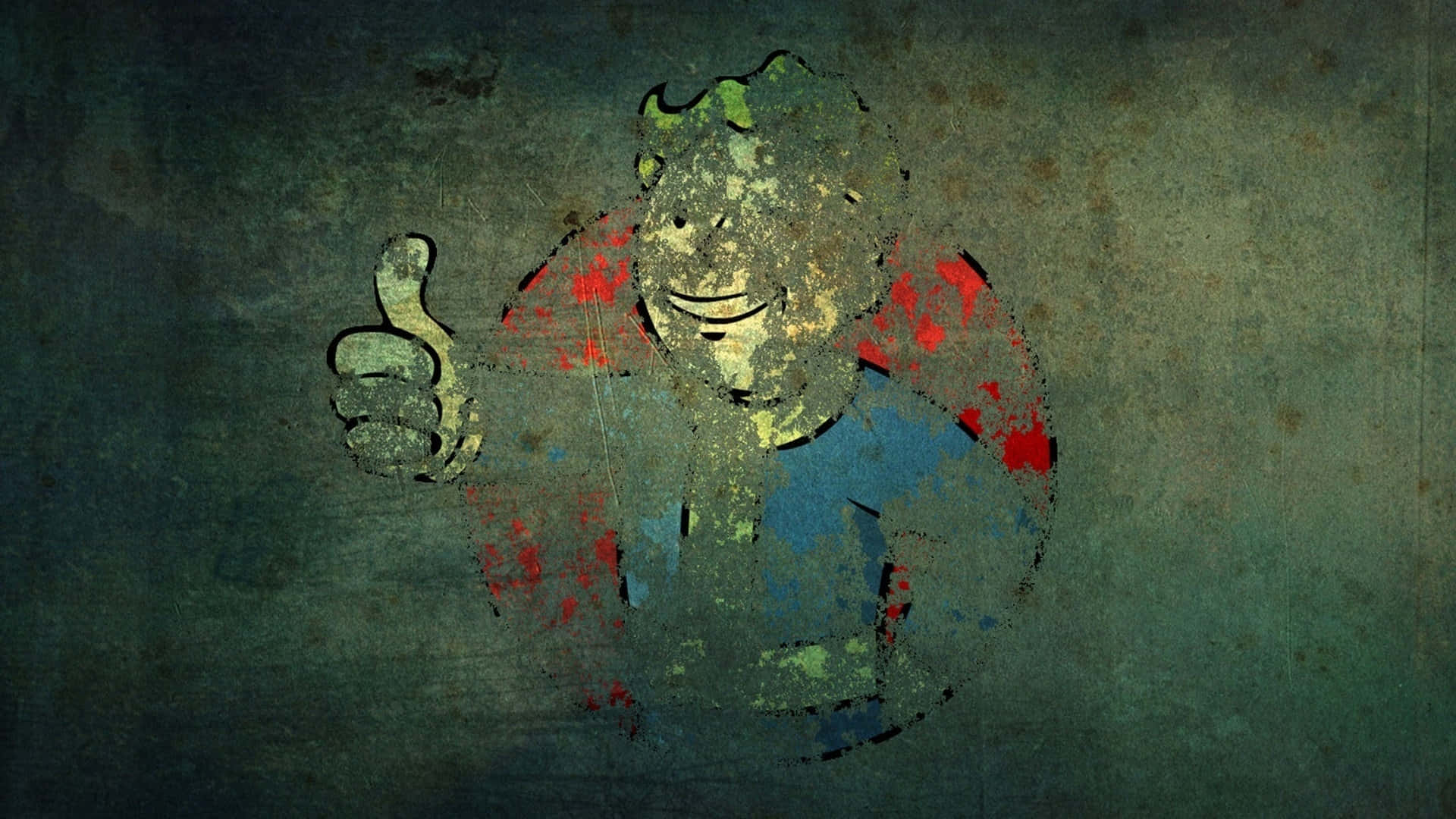 壁紙 — 一個風化的Vault Boy吉祥物在粗糙紋理的牆壁上豎起大拇指，牆上有紅色油漆飛濺。