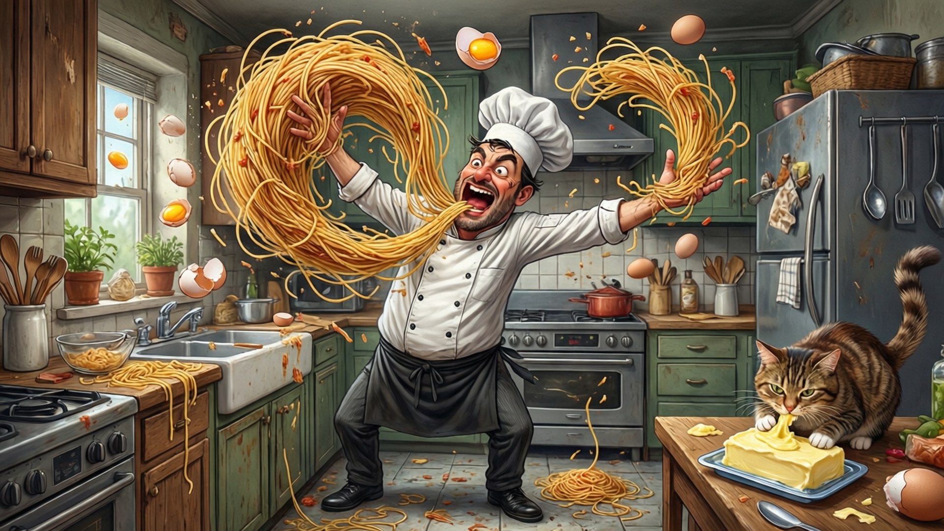 Kitchen Spaghetti Chaos 壁紙 — 一個瘋狂的廚師在廚房拋灑義大利麵，蛋殼四濺，一隻貓在旁觀看