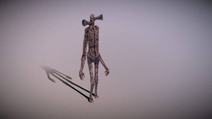 頭部是擴音器的骷髏恐怖生物，在灰色攝影棚中 — 3D 壁紙