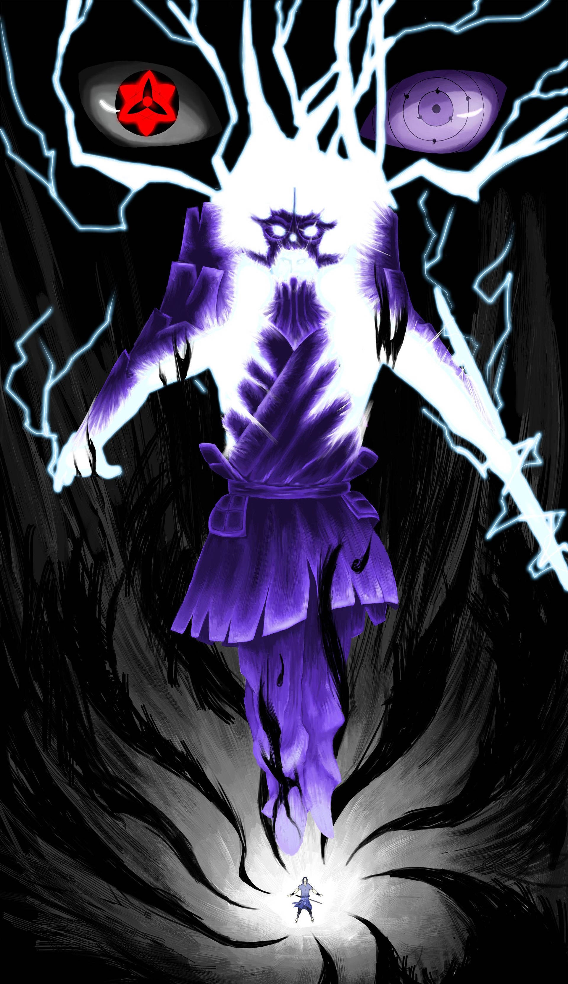 一個巨大的動漫忍者，眼睛發光並帶有閃電，攻擊下方一個小人物。 — Sasuke 壁紙