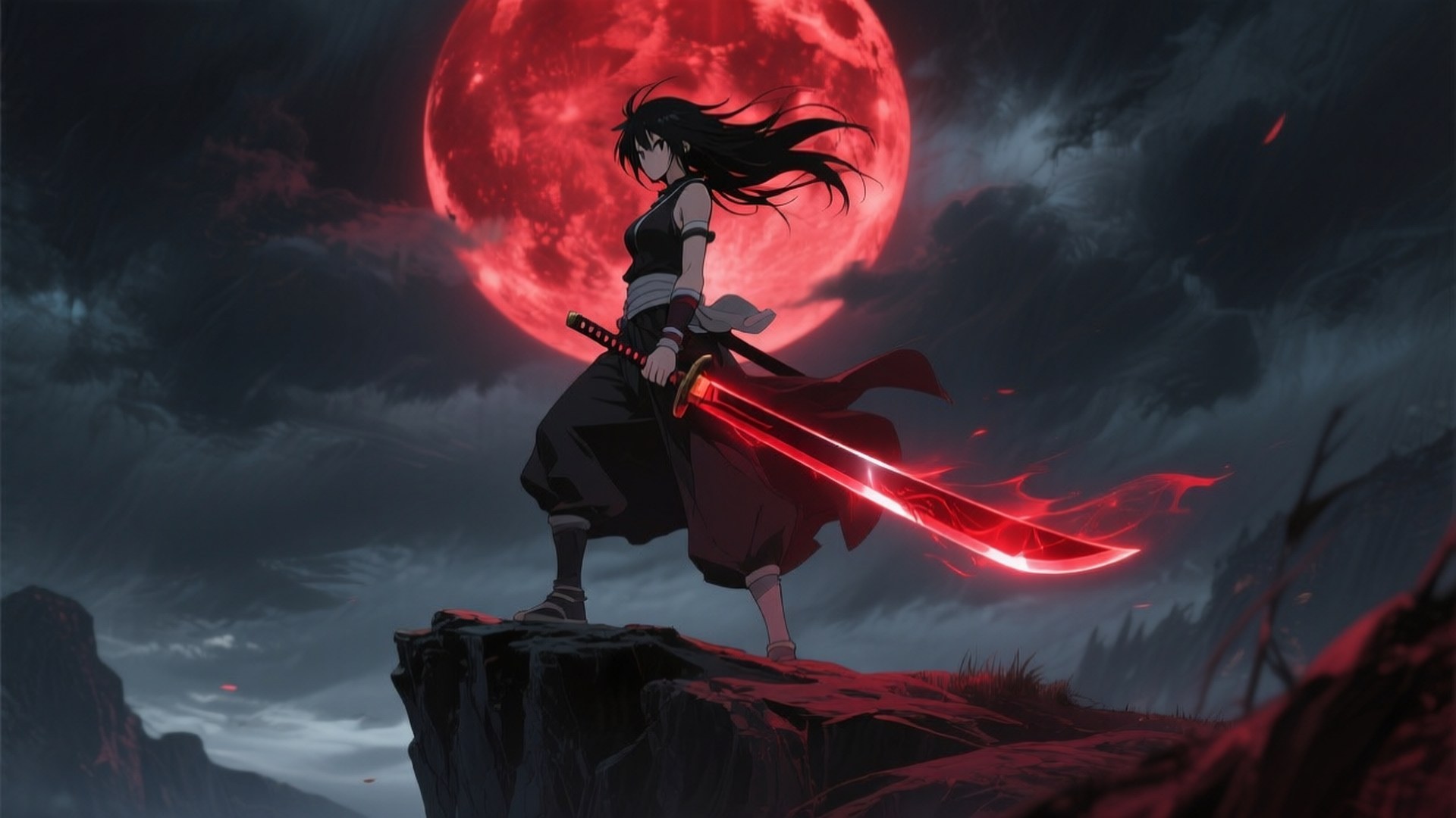 Akame Under Blood Moon 壁紙 — 一個孤獨的動漫戰士站在懸崖頂上，在巨大的血月下握著一把發光的紅色劍。