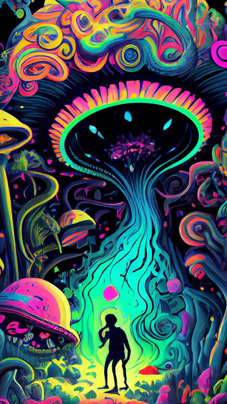  壁紙 — 一個孤獨的剪影站在發光的外星蘑菇前，背景是霓虹真菌和旋轉色彩的迷幻森林。