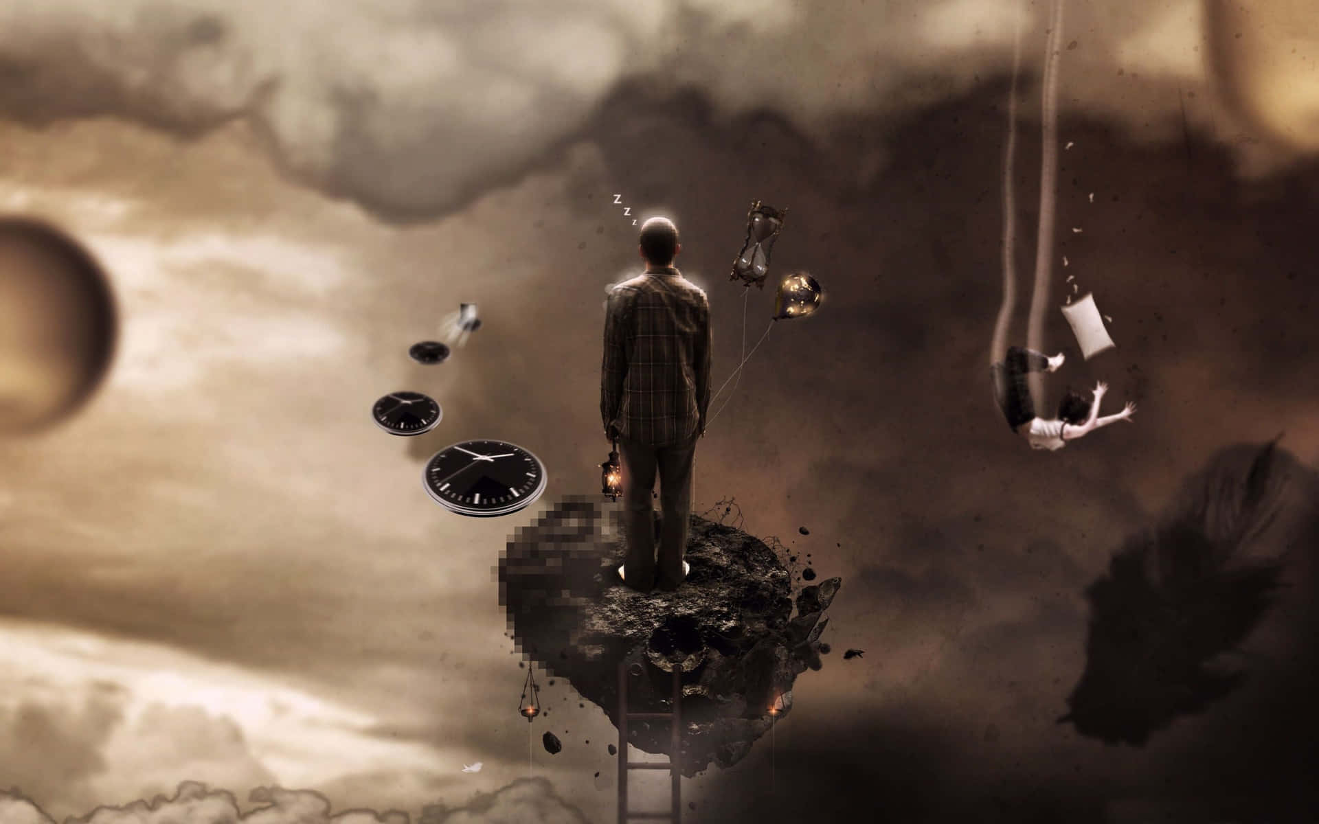  壁紙 — 一個孤獨的男人站在浮石上，周圍是超現實的雲層、漂浮的時鐘和飄落的紙張，構成如夢似幻的數位藝術場景。