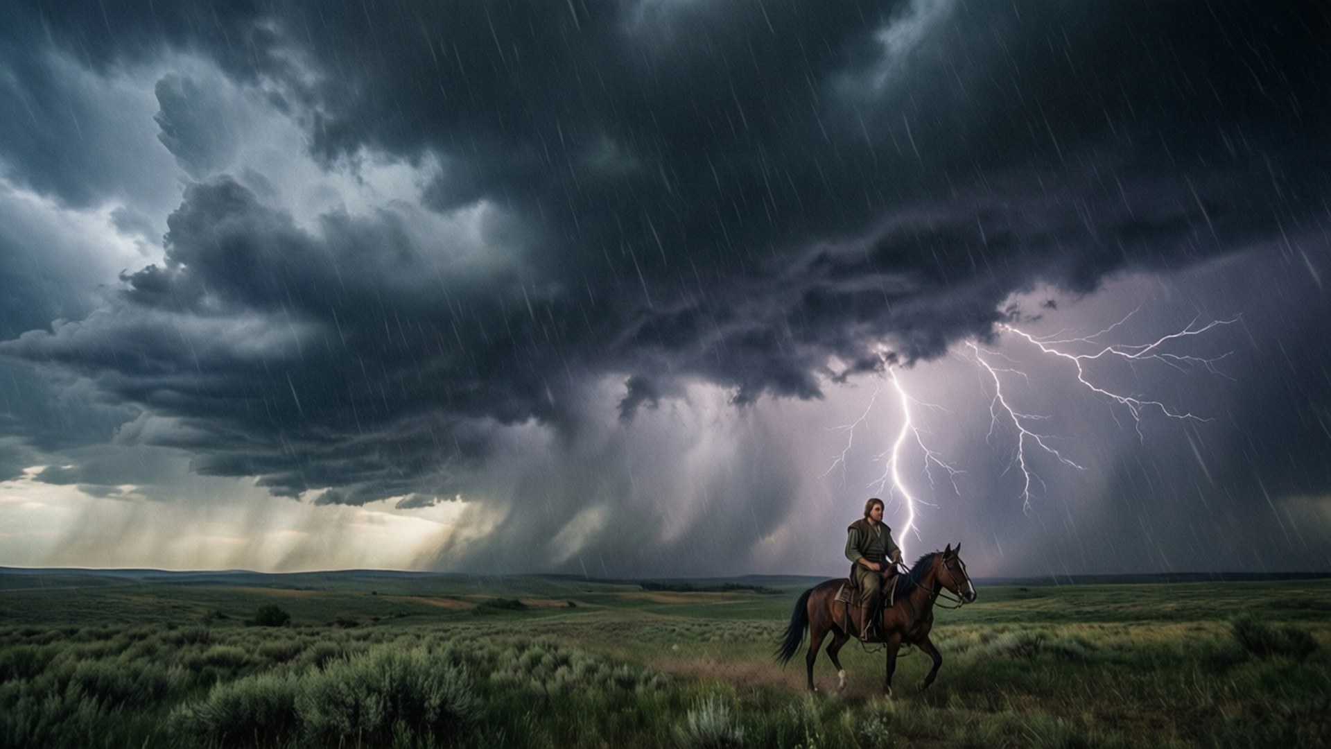 Plains Thunderstorm 壁紙 — 一個孤獨的騎手騎著一匹黑馬站在廣闊的田野上，一道巨大的閃電劃破上方的暴風雲層。