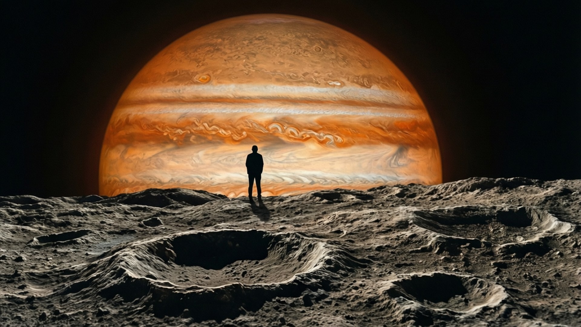 Jupiter Rising from Moon 壁紙 — 一個孤獨的人類剪影站在佈滿隕石坑的月球表面，凝視著在黑暗天空中升起的巨大橙色和白色條紋行星木星。
