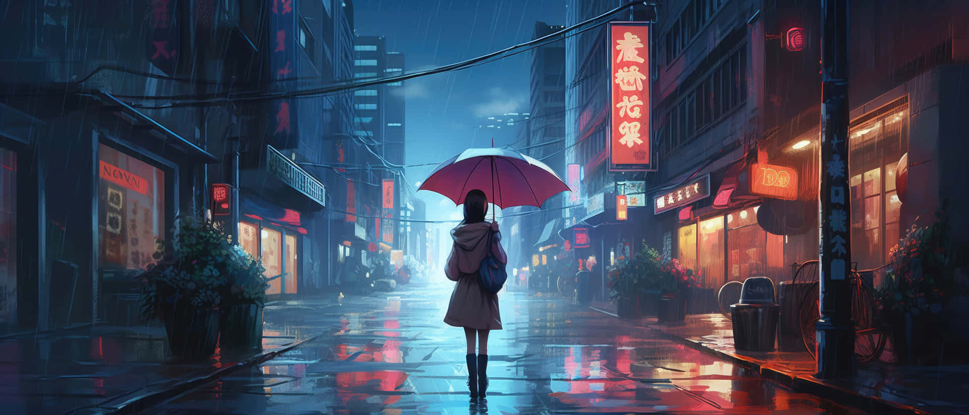  壁紙 — 一個孤獨的身影撐著紅傘，在夜晚霓虹燈照亮、雨水浸濕的城市街道上行走，倒影在濕漉漉的人行道上閃爍。