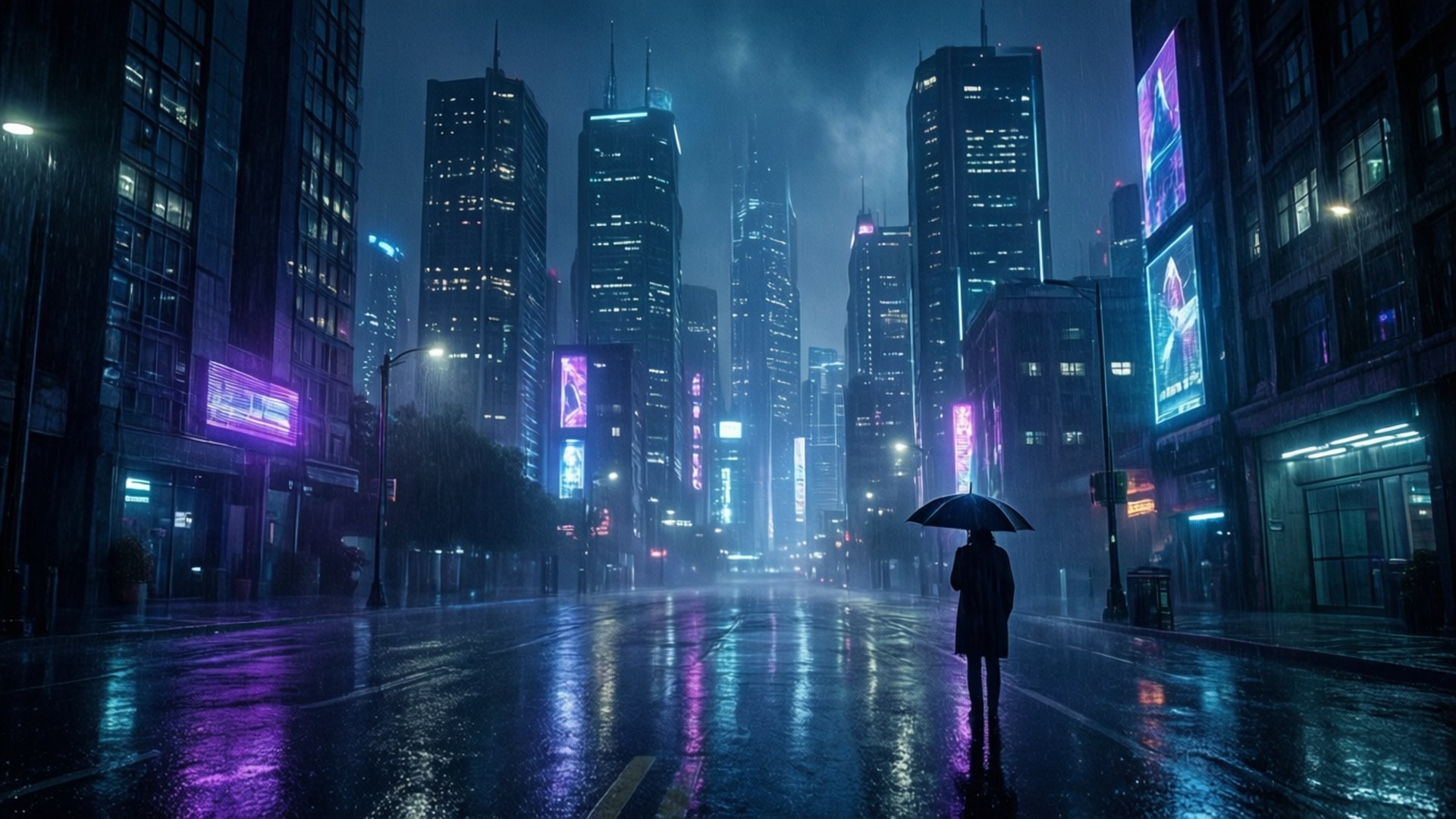 Cyberpunk Rainy Night 壁紙 — 一個孤獨的身影撐著雨傘，在夜晚雨濕的霓虹燈城市街道上行走，周圍是高聳的摩天大樓。