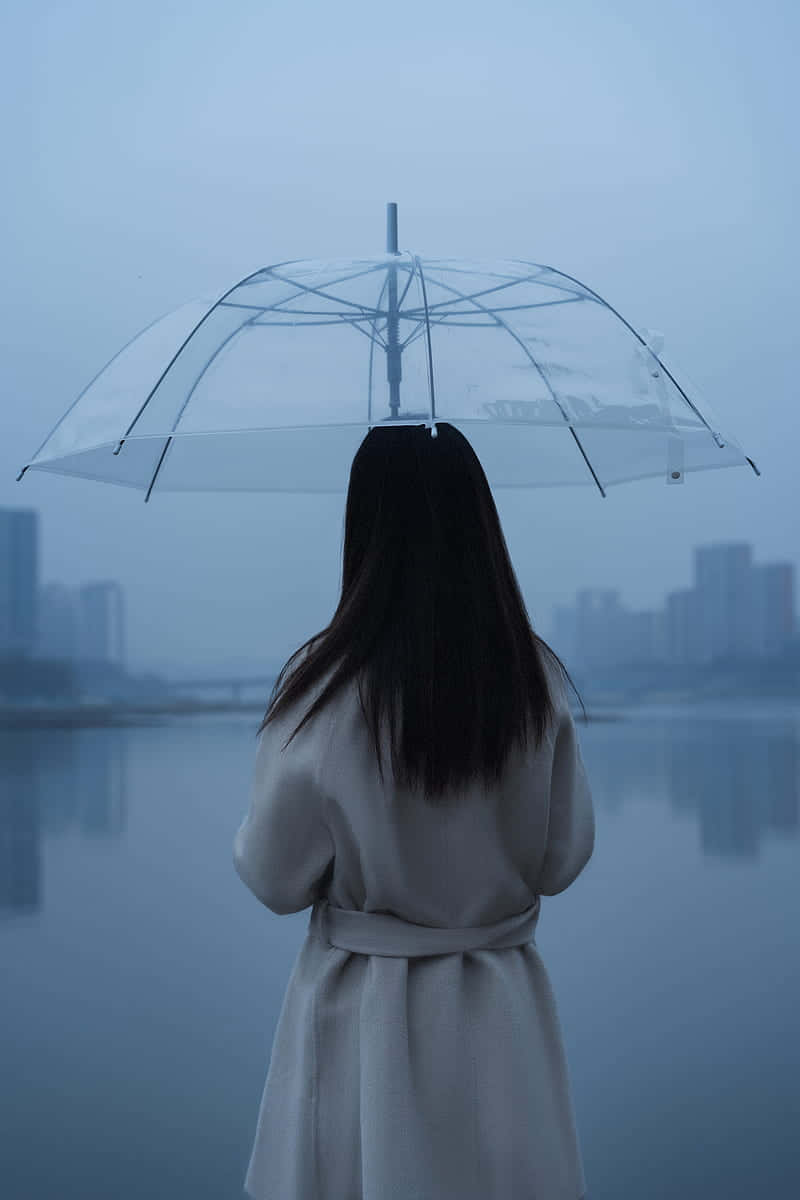  壁紙 — 一個孤獨的身影穿著白色外套，拿著透明雨傘，站在霧氣瀰漫的海濱，眺望朦朧的城市天際線。