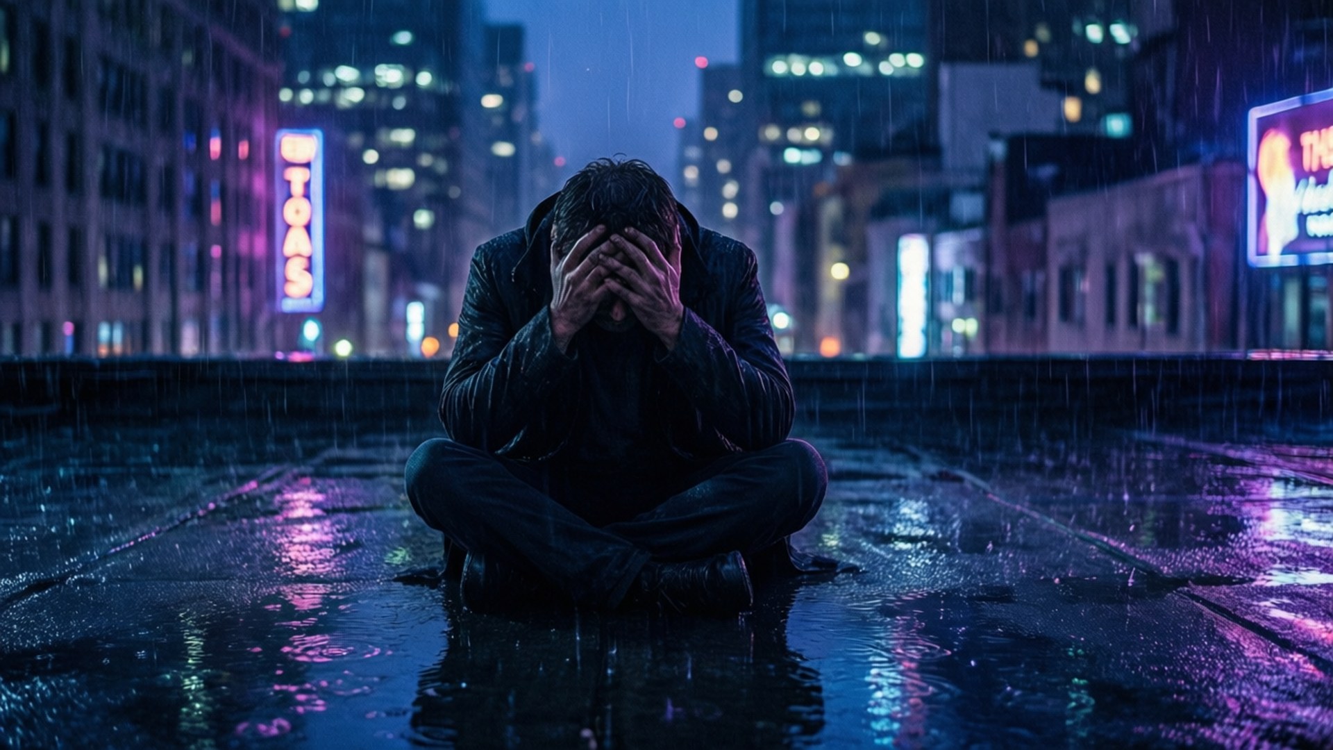 Anguish 桌布 壁紙 — 一個孤獨的身影蜷縮在雨濕的屋頂上，身處霓虹燈閃爍的夜晚城市，雙手掩面，充滿絕望。