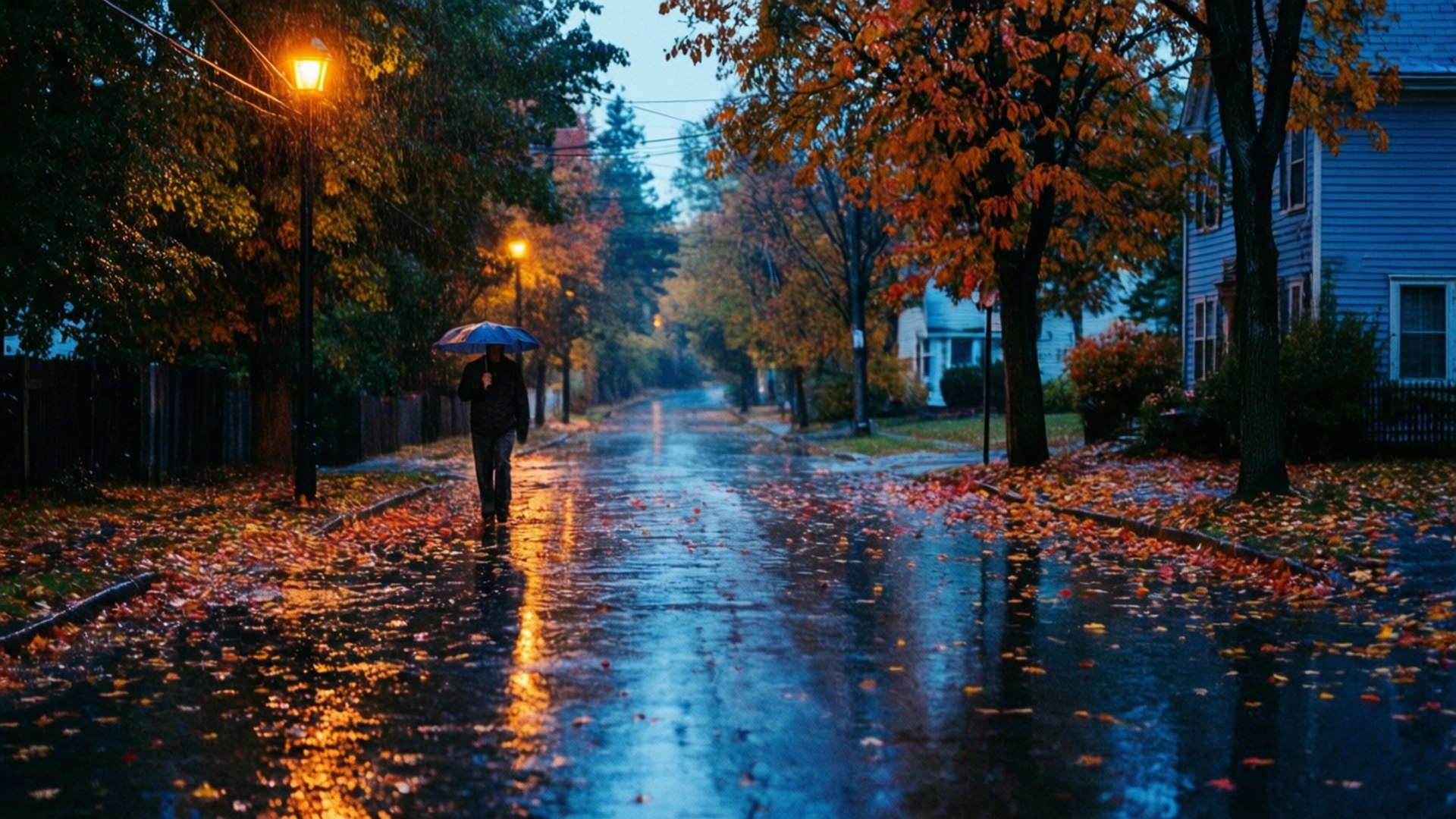 Rainy Autumn Street 壁紙 — 一個孤獨的身影在閃爍的路燈下，沿著雨濕的秋日街道行走，周圍是落下的橙色樹葉和寧靜的房屋。