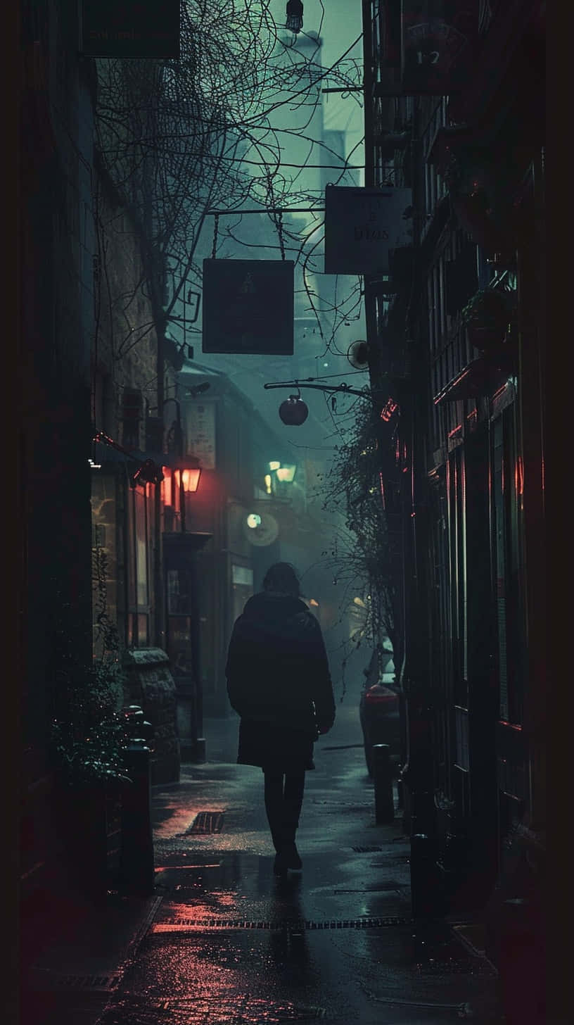  壁紙 — 一個孤獨的身影在夜晚狹窄的雨巷中行走，紅燈籠閃爍，光禿的樹木投下長長的影子。