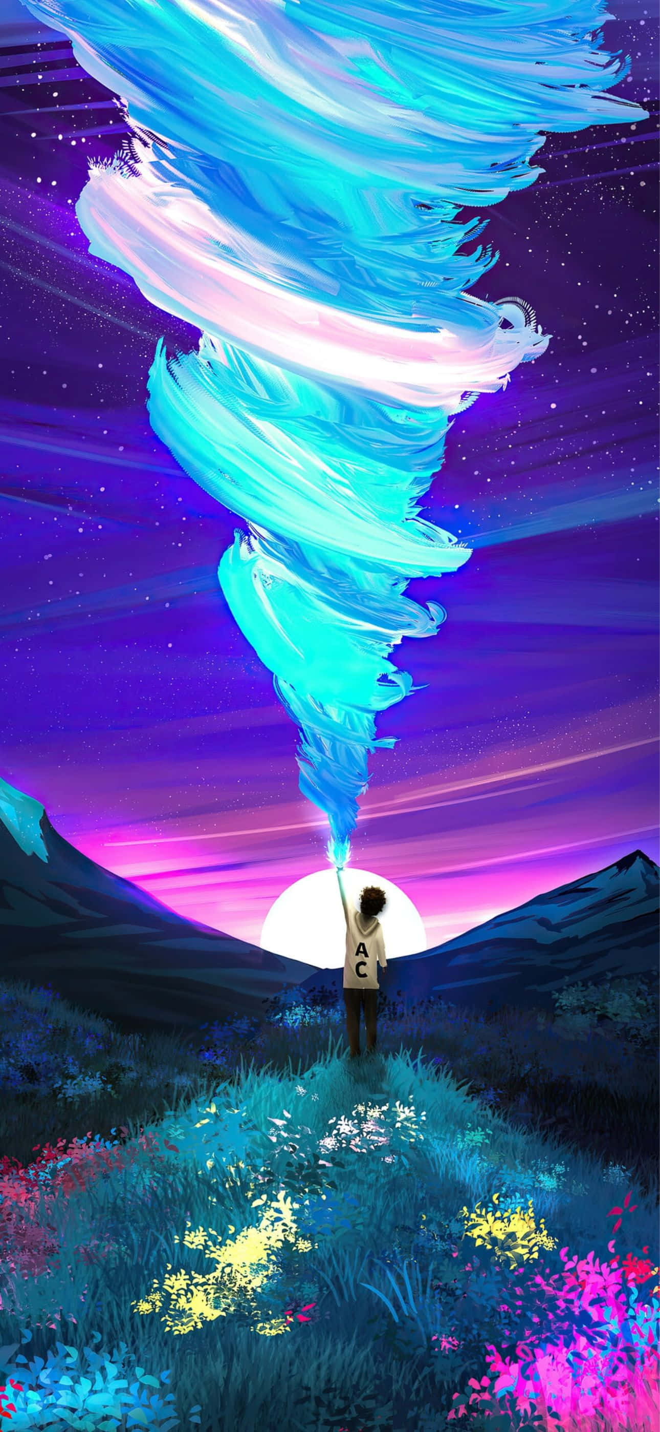在繁星點點的紫色天空下，一個人在多彩的田野中手持發光的藍色漩渦。 — iPhone 13 Pro 壁紙