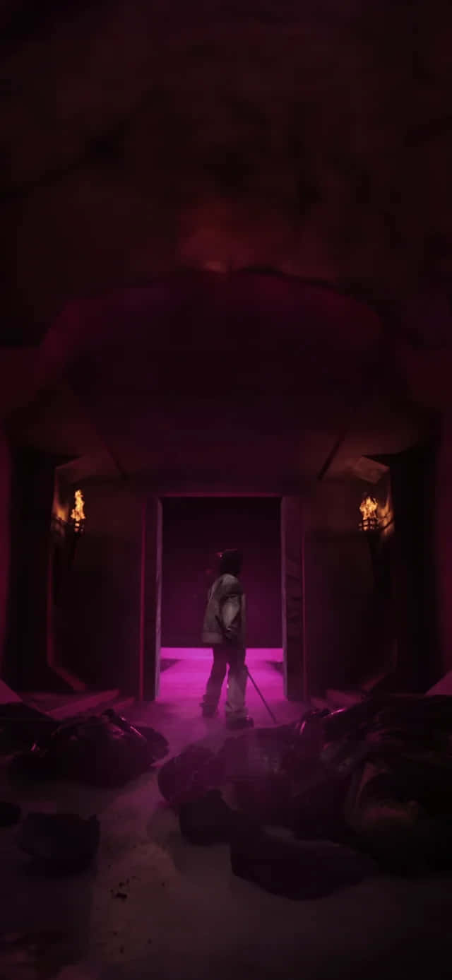 壁紙 — 一個孤獨的身影站在昏暗紫色燈光的石頭走廊中，兩旁有火把和散落的屍體。