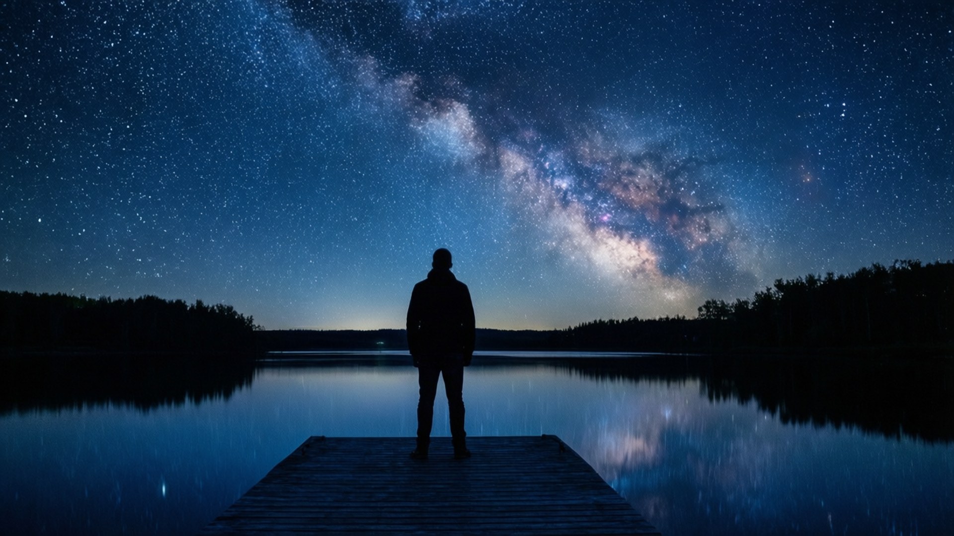 believe 桌布 壁紙 — 一個孤獨的身影站在木碼頭上，凝視著星空下平靜湖面中反射的銀河。
