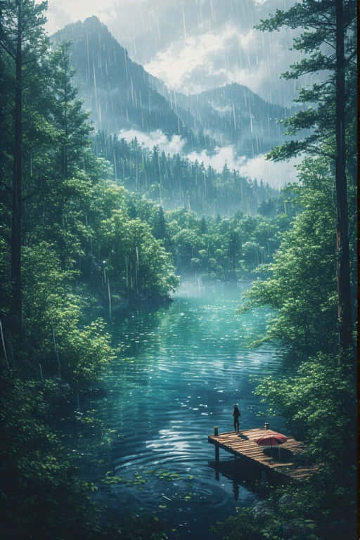 人在雨中森林湖的木碼頭上撐紅色雨傘，被山環繞 — 4K 壁紙