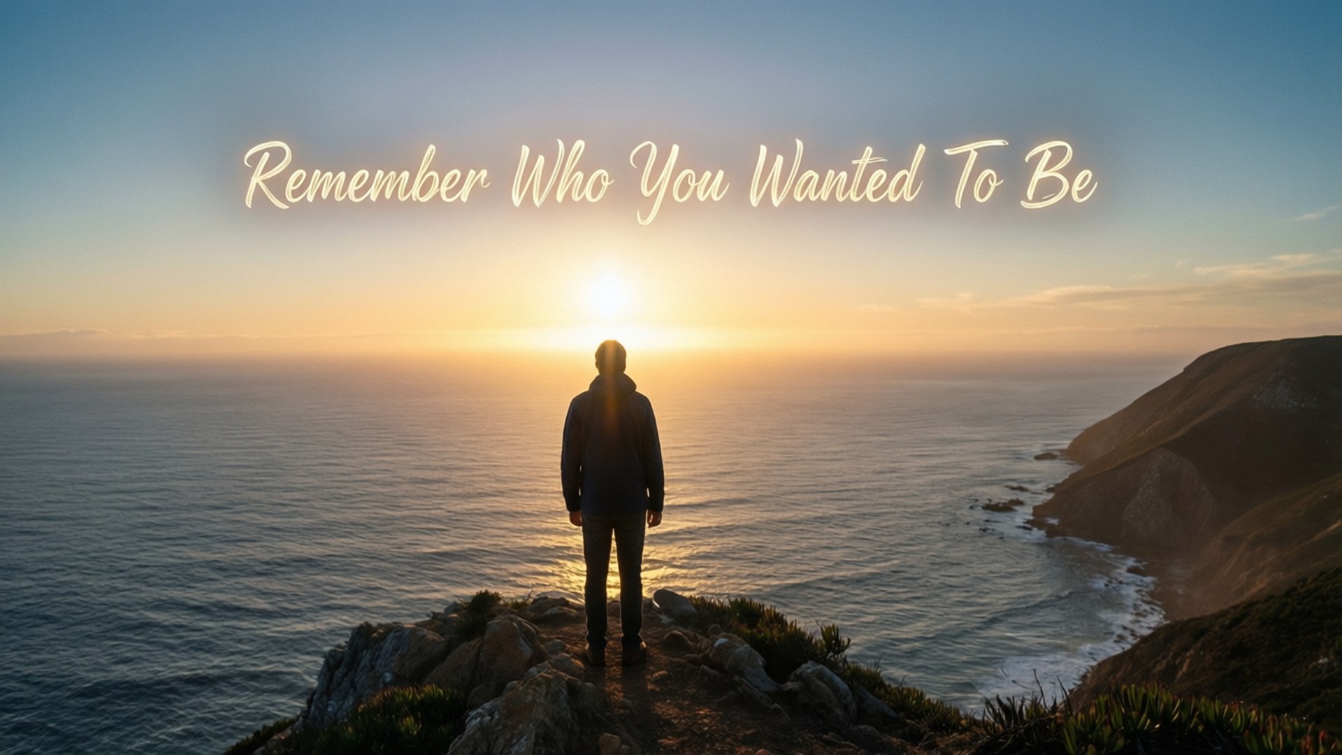 Remember Who You Wanted To Be 桌布 壁紙 — 一個孤獨的身影站在日落時分的懸崖上俯瞰海洋，上方有鼓舞人心的文字。