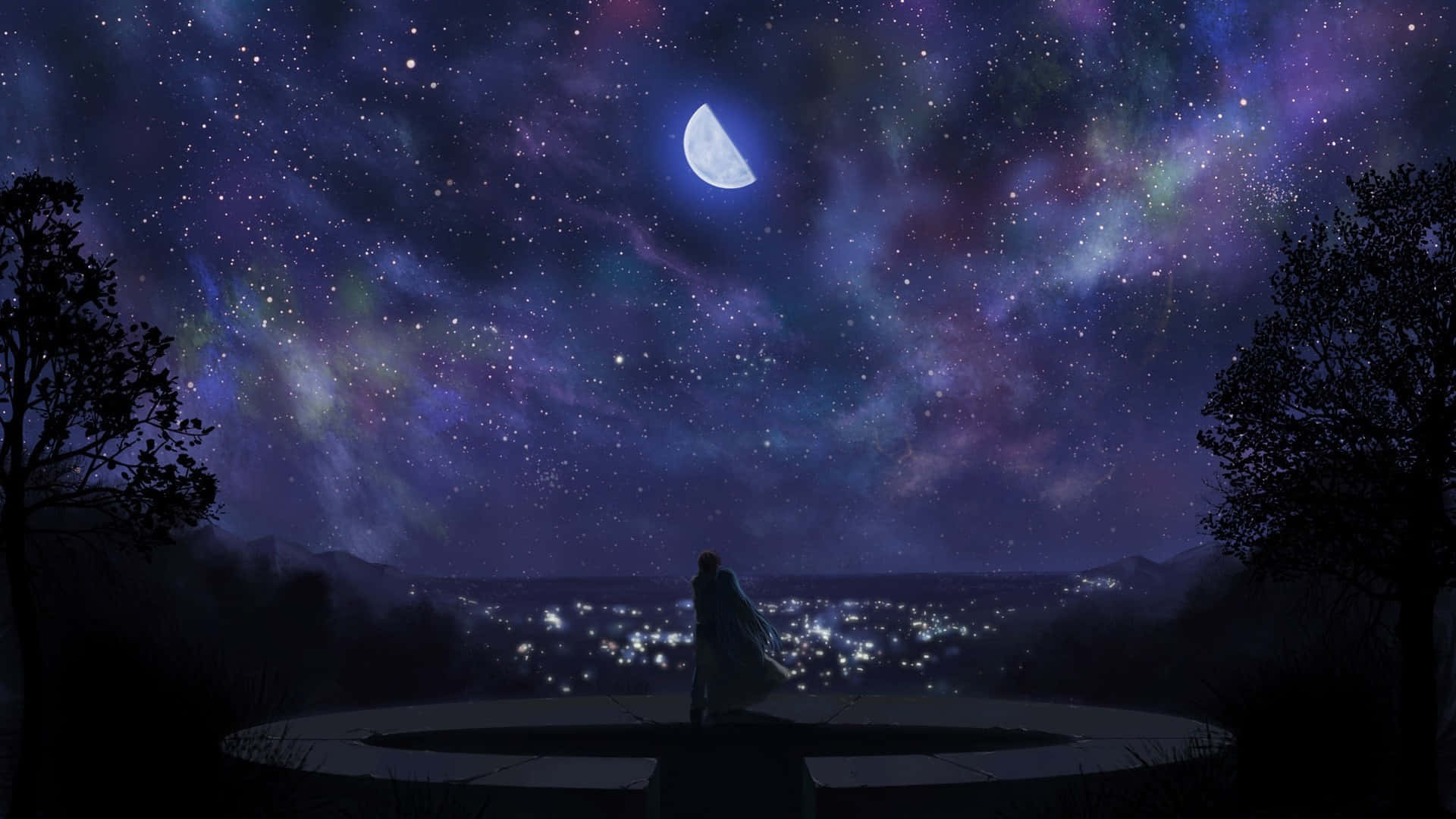 壁紙 — 一個孤獨的身影站在圓形平台上，下方是充滿活力的星空夜空，有新月和發光的城市燈光。