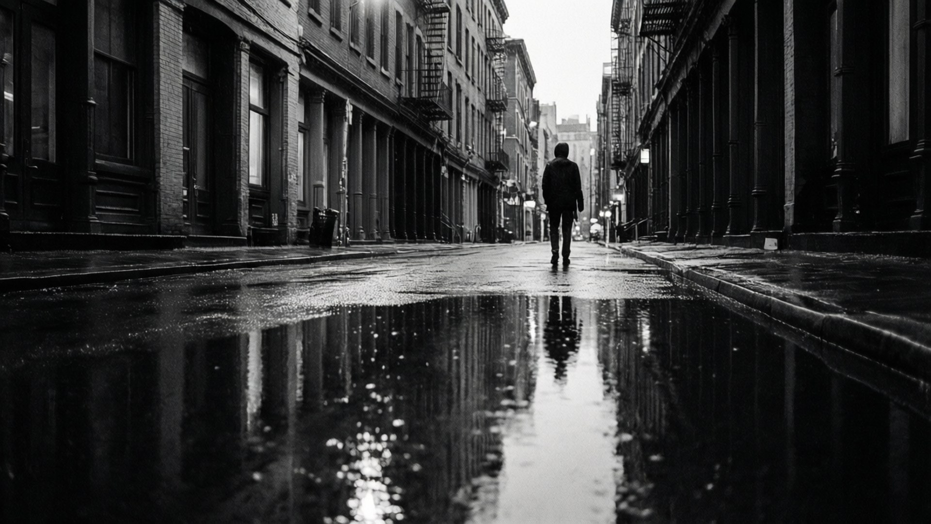 Film Noir Alley 壁紙 — 一個孤獨的身影走在一條濕漉漉的城市小巷中，雨水以黑白方式反射建築物和街燈。