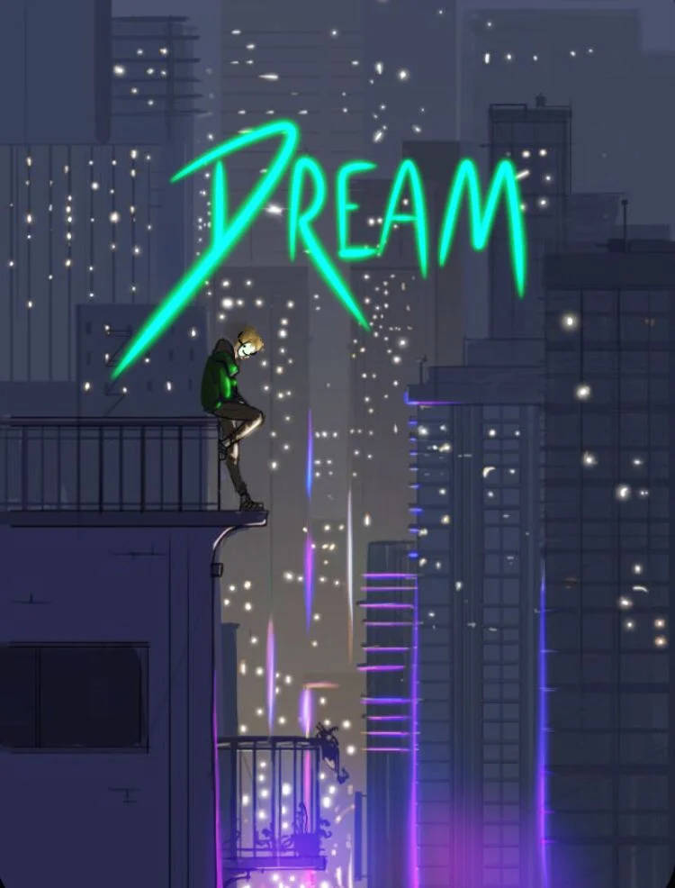 人坐在屋頂邊緣俯瞰夜晚發光的城市，上方有「DREAM」文字。 — 我的世界 夢境 壁紙