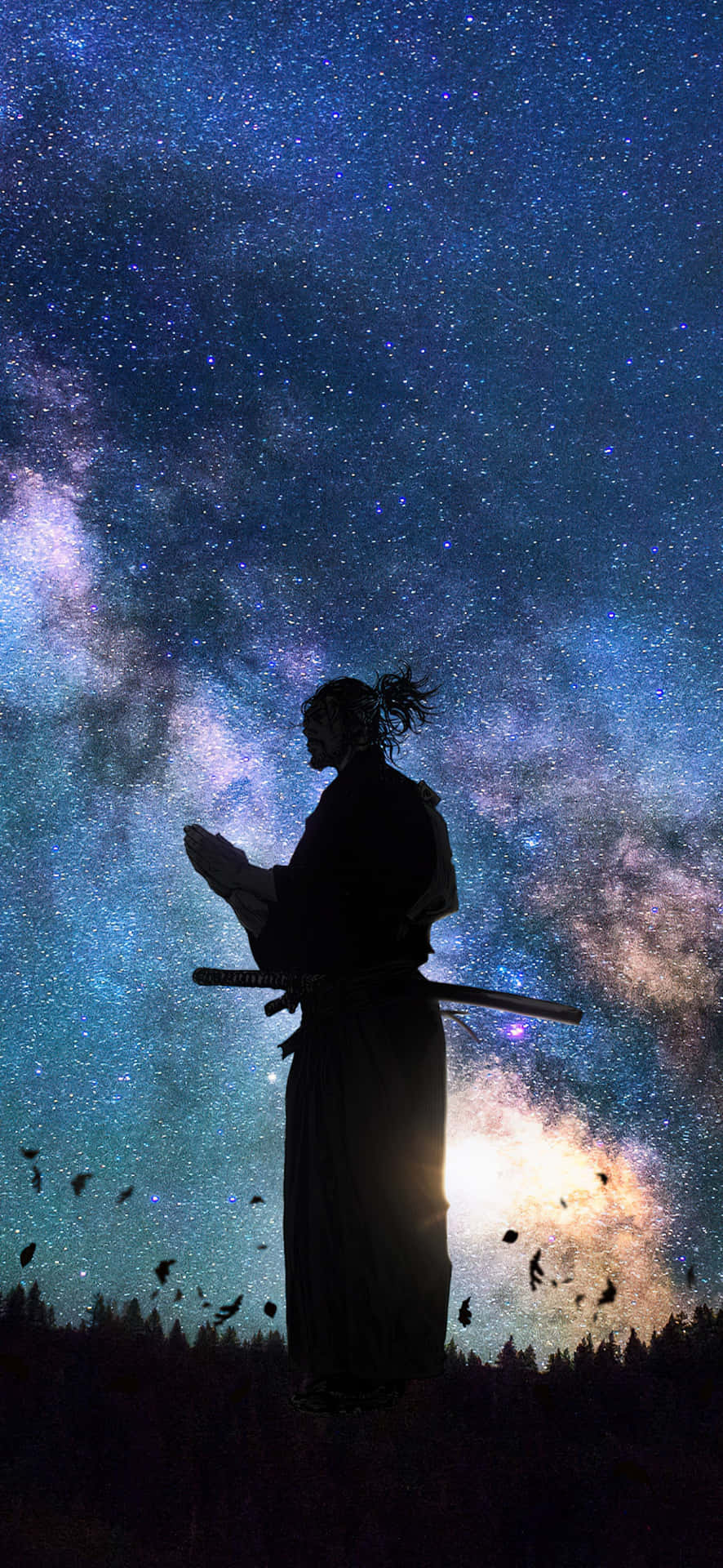  壁紙 — 一個孤獨的武士剪影在令人嘆為觀止的星空下祈禱，銀河在背後閃耀。