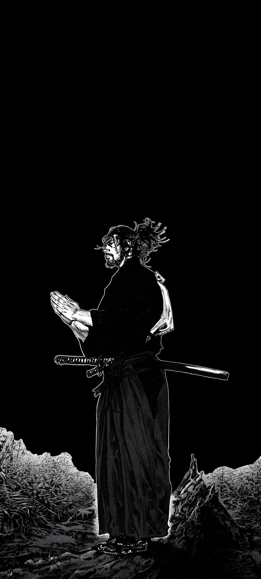  壁紙 — 一個孤獨的武士在黑色虛空中以剪影站立，雙手合十祈禱，腰間佩帶武士刀。