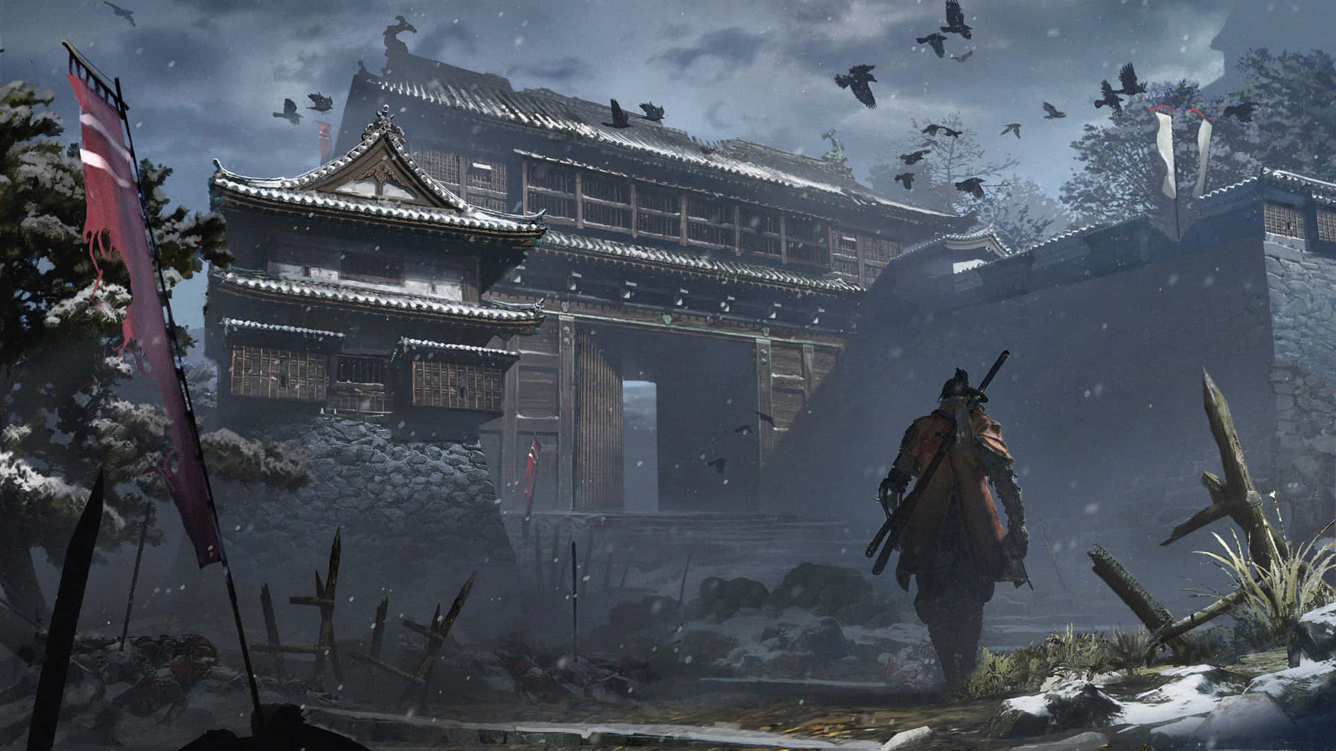  壁紙 — 一個孤獨的武士站在被雪覆蓋的封建日本城堡門前，黑暗的鳥兒在暴風雪的冬季場景中飛過頭頂。