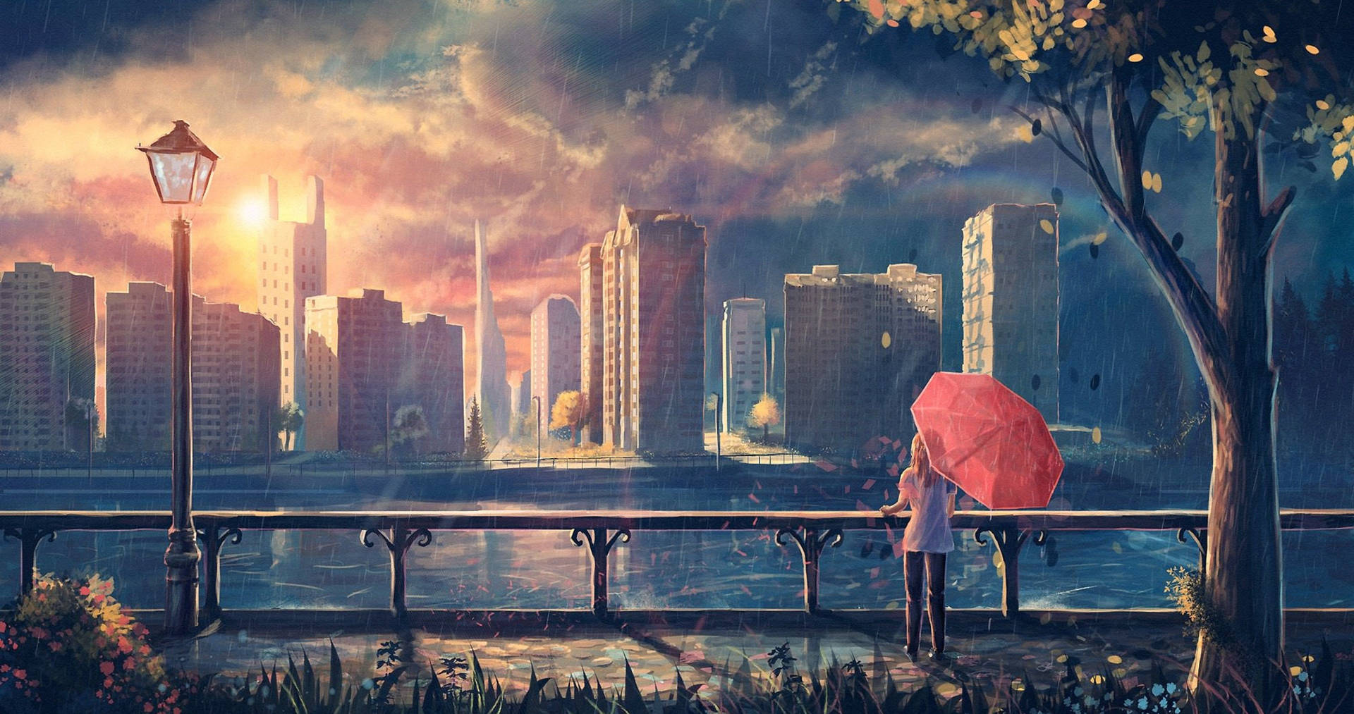 撐紅傘的人透過雨水觀看日落時的城市 — 4K 壁紙