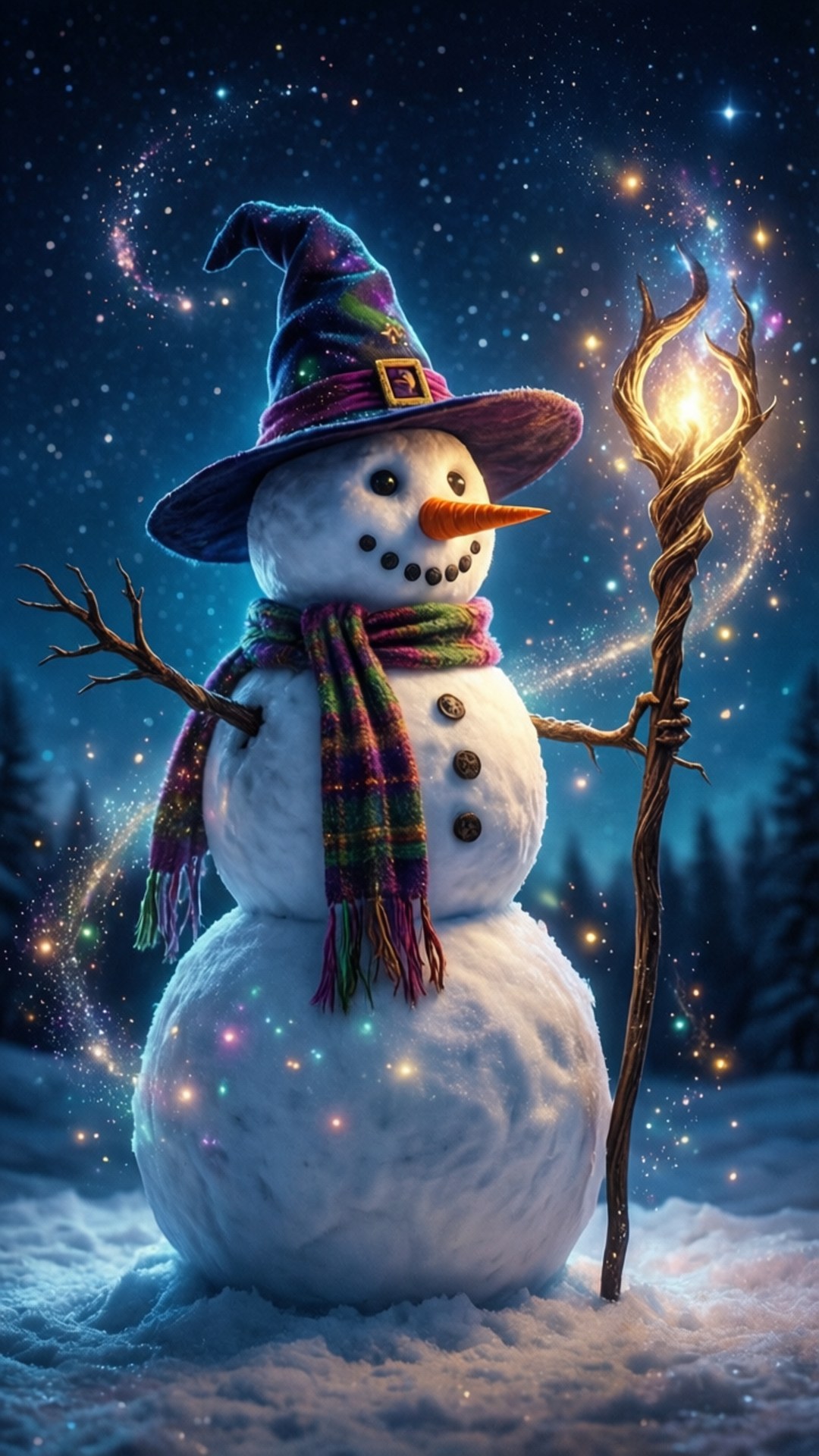 Wizard Snowman Magic 壁紙 — 一個古怪的雪人戴著彩虹女巫帽和圍巾，在繁星點點的宇宙夜空下拿著發光的法杖。