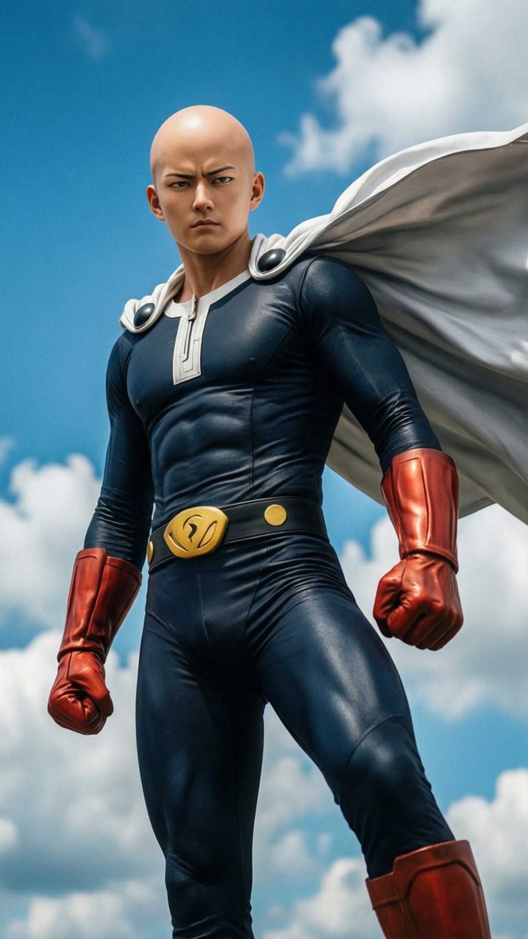 Heroic Saitama Flight 壁紙 — 一個光頭超級英雄穿著藍色套裝、紅色手套和靴子，自信地站在有白雲的明亮藍天下。