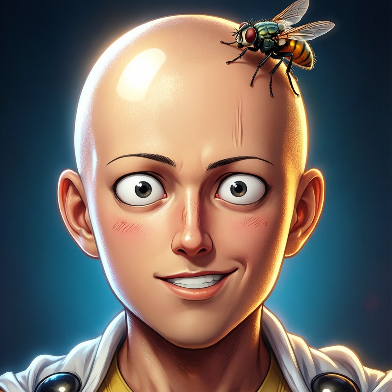 Saitama Fly Comedy 壁紙 — 一個光頭動漫角色，大眼睛微笑，額頭上有一隻細節豐富的蒼蠅，背景是深藍色漸變。