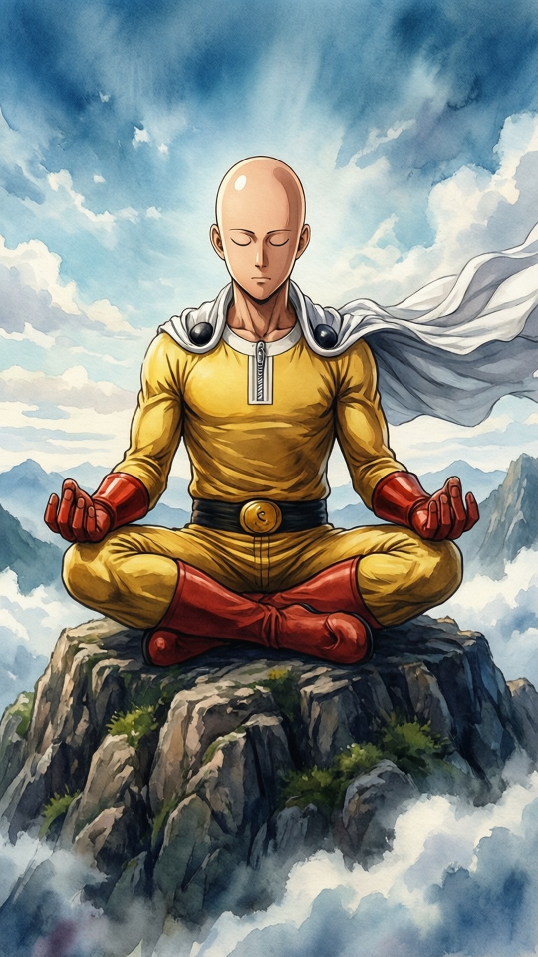 Meditation on the Mountain 壁紙 — 一個光頭動漫英雄身穿黃色和紅色，在戲劇性的天空下，於被雲和山環繞的岩石頂峰上冥想。