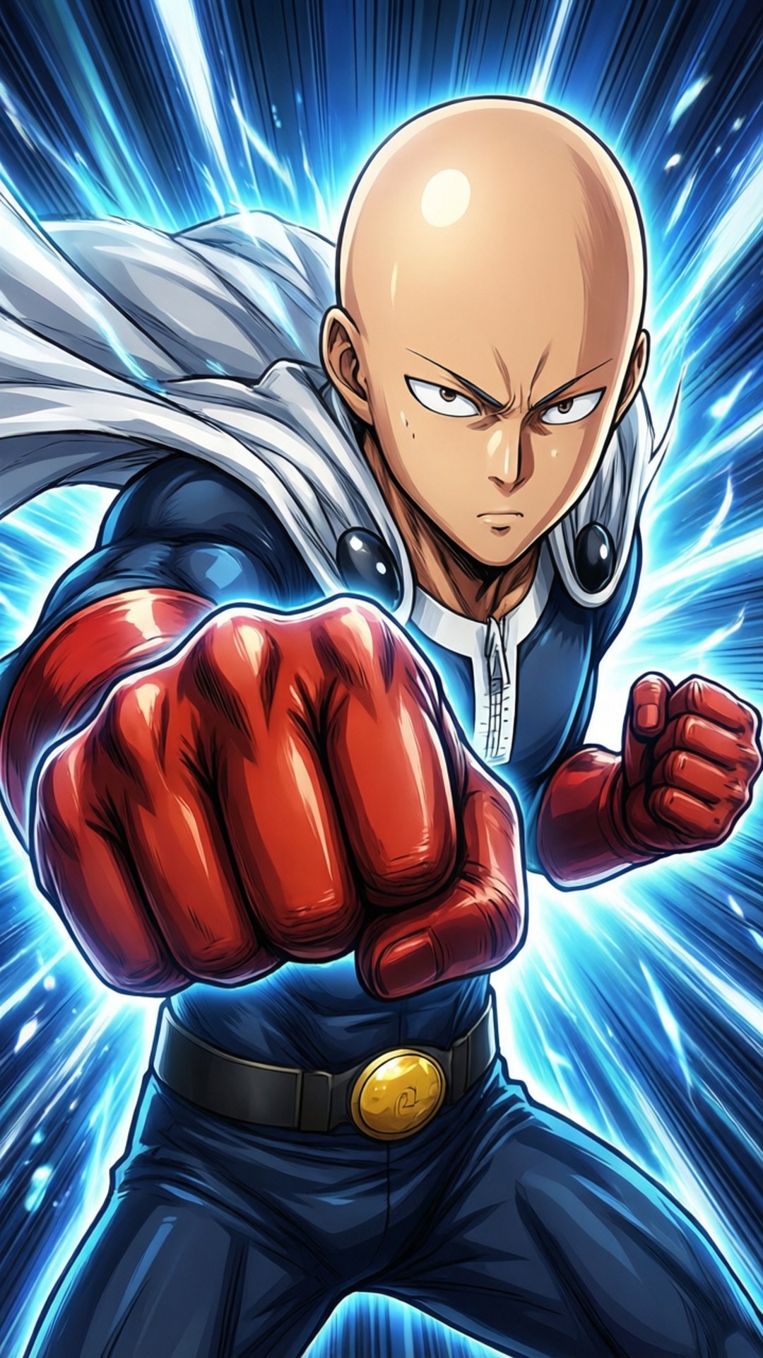 Dynamic Punch 壁紙 — 一個光頭動漫英雄，身穿藍色西裝和紅色手套，向前出拳，身後散發出藍色發光能量。