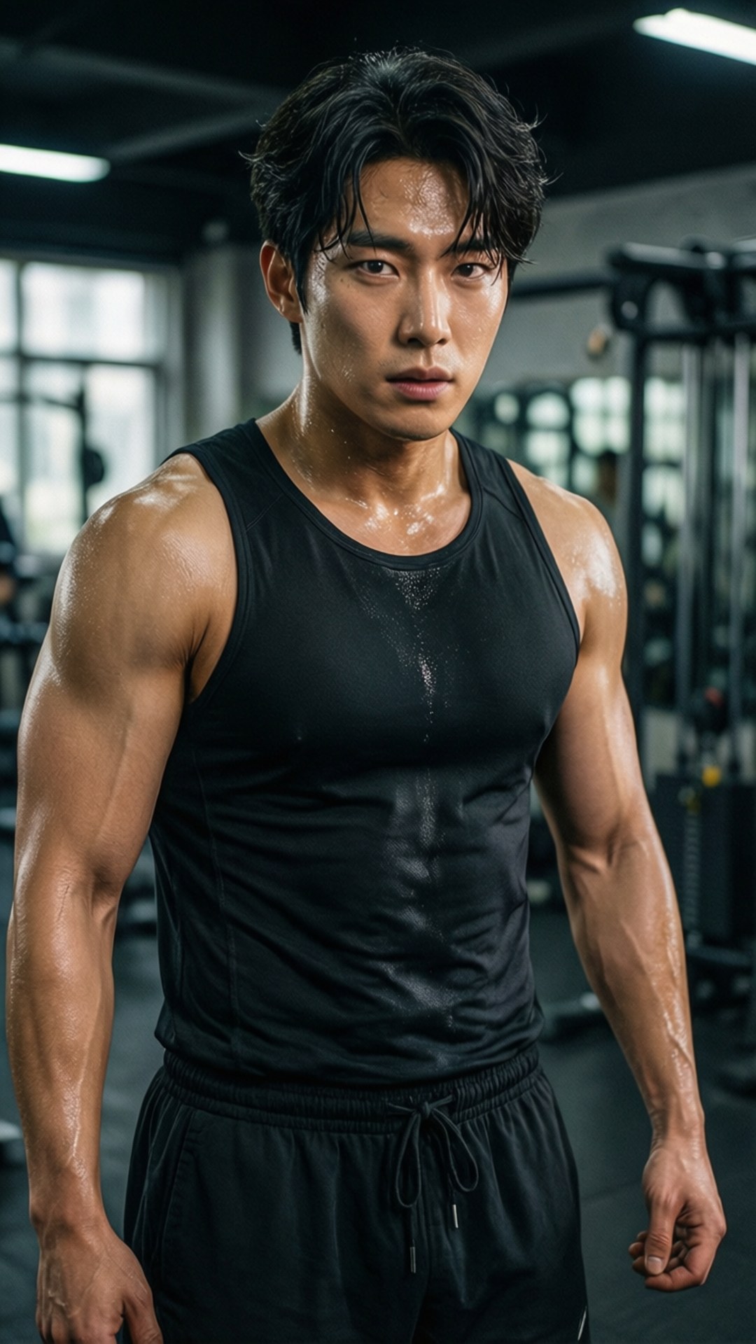 Fitness Focus 壁紙 — 一個汗流浹背的肌肉男穿著黑色背心，在昏暗的健身房中凝視著，背景的器材模糊不清。