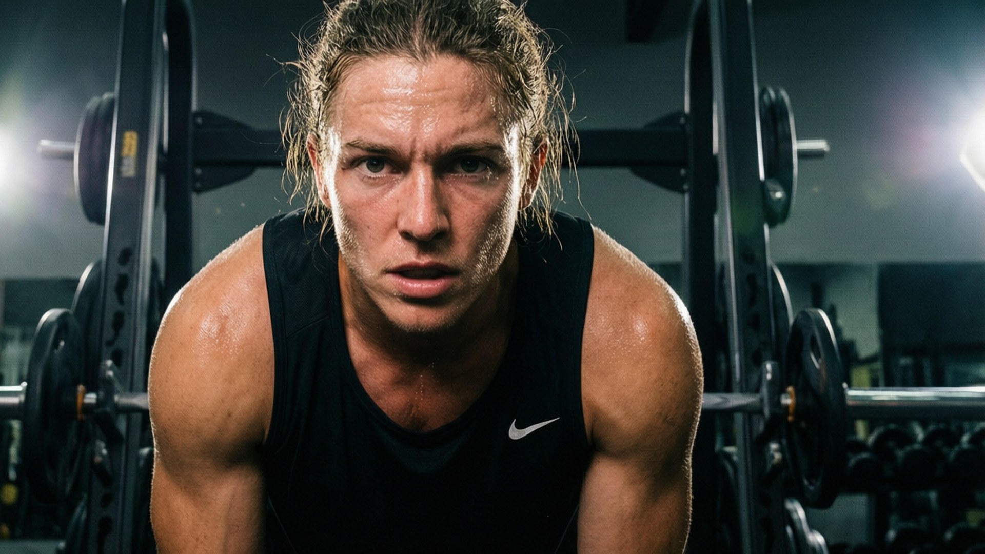 Nike Gym Intensity 壁紙 — 一個汗流浹背的肌肉男穿著黑色背心，在燈光昏暗的健身房裡，周圍環繞著舉重器材，專注地凝視著鏡頭。