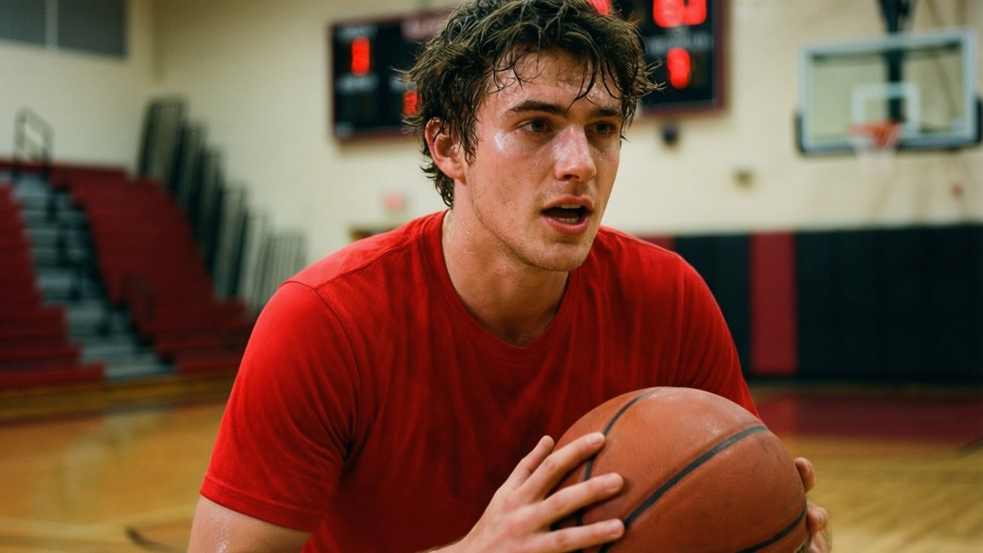 Red Shirt Hoops 壁紙 — 一個汗流浹背的年輕籃球運動員穿著紅色球衣，在體育館內比賽中持球，身後有紅色看台和記分板。