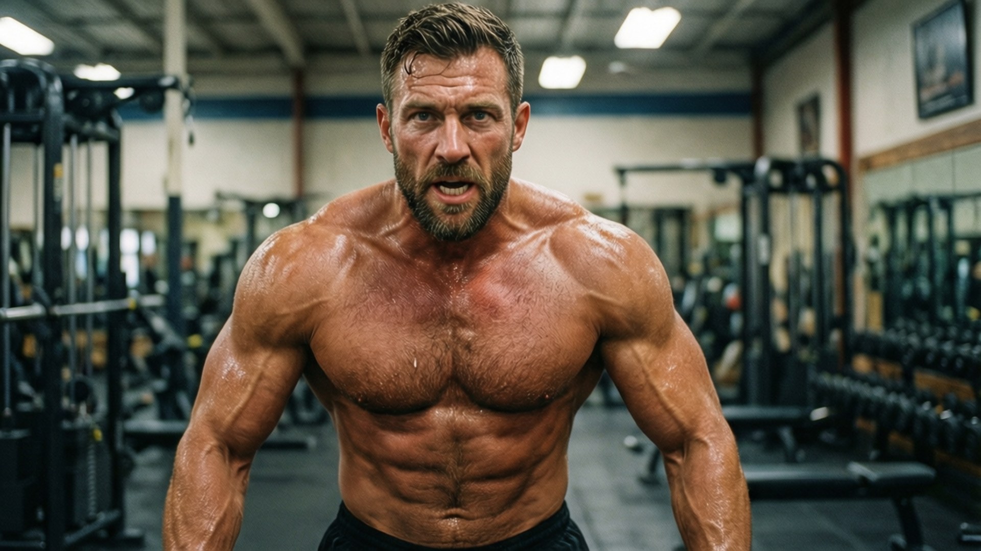 Workout Intensity 壁紙 — 一個汗流浹背、肌肉發達、留鬍鬚的男人在充滿健身器材的健身房裡凝視著。