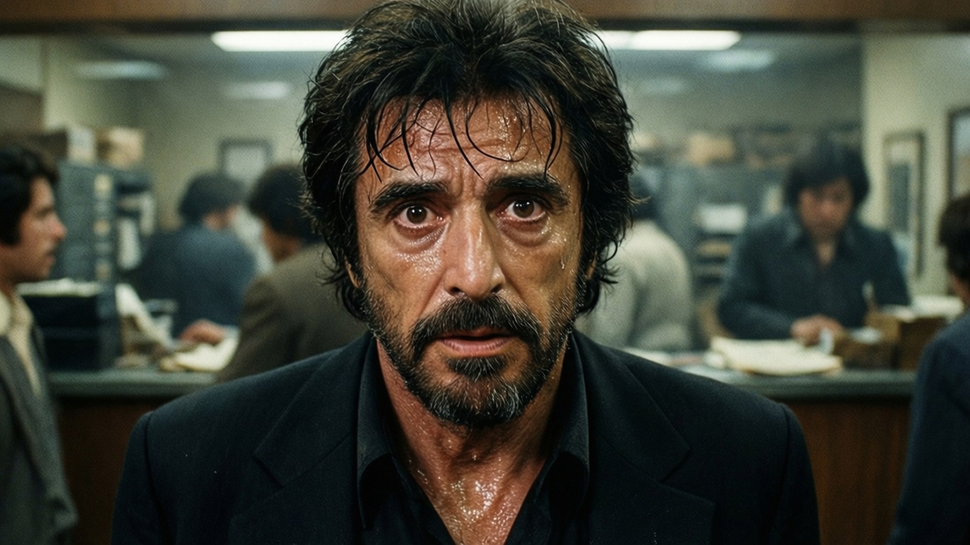 Dog Day Afternoon 壁紙 — 一個汗濕黑髮鬍鬚的男人在辦公室裡，身後有模糊的同事，他凝視著。