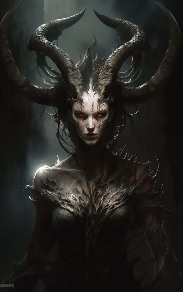  壁紙 — 一個黑暗奇幻的女惡魔，擁有巨大的彎曲角和發光的紅色眼睛，從陰暗迷霧的虛空中強烈凝視。