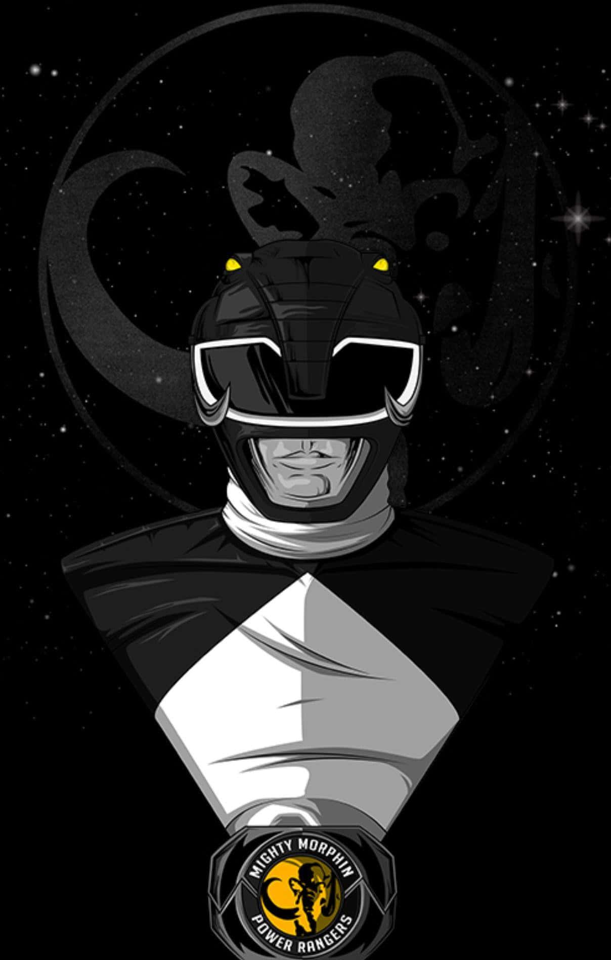  壁紙 — 一個黑白插圖風格的Mighty Morphin Power Rangers角色在太空中，背後有宇宙剪影。
