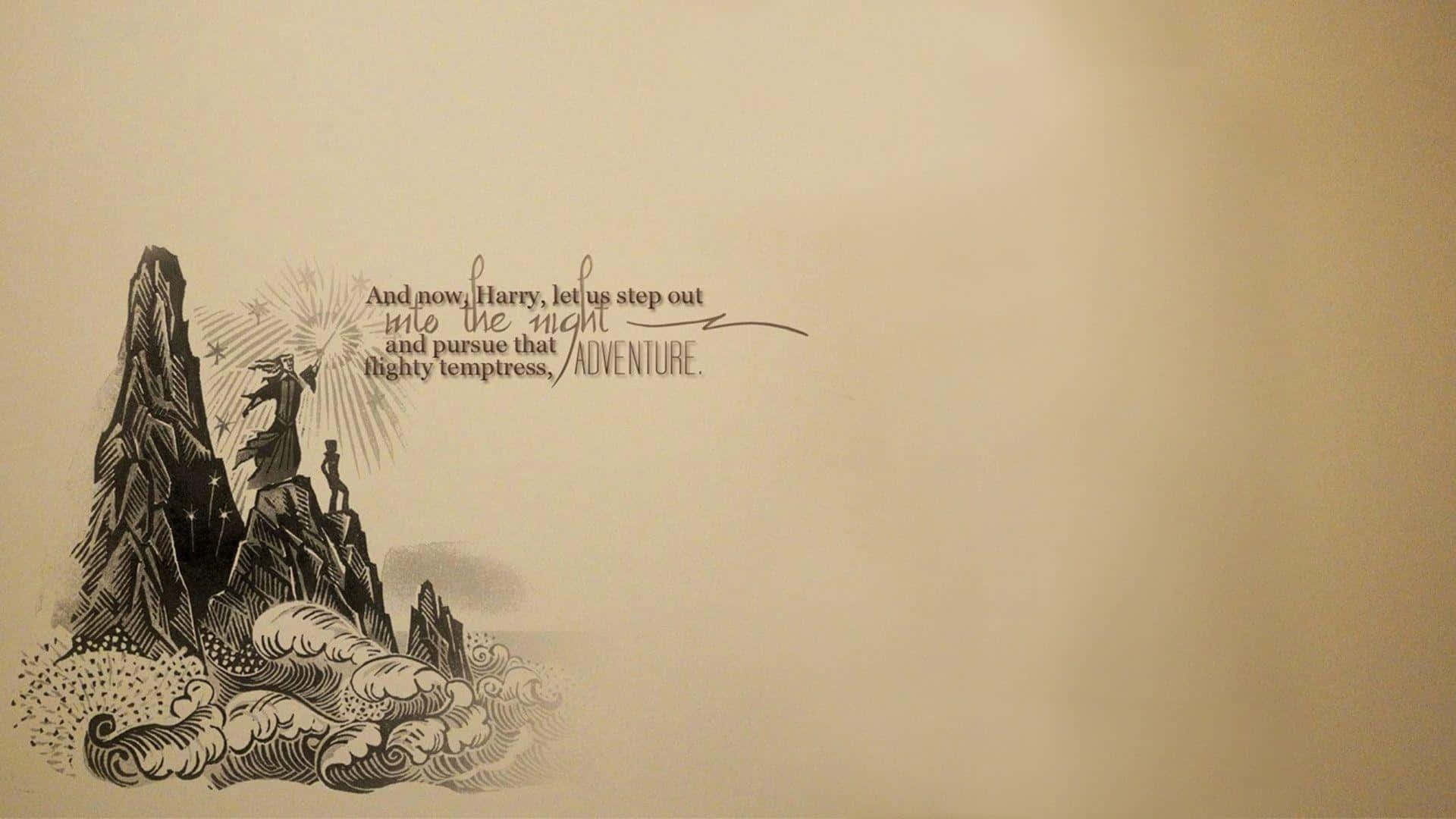  壁紙 — 一個黑白插圖風格的巫師站在鋸齒狀的山頂上，下方是翻騰的雲海，並附有一句關於冒險的名言。