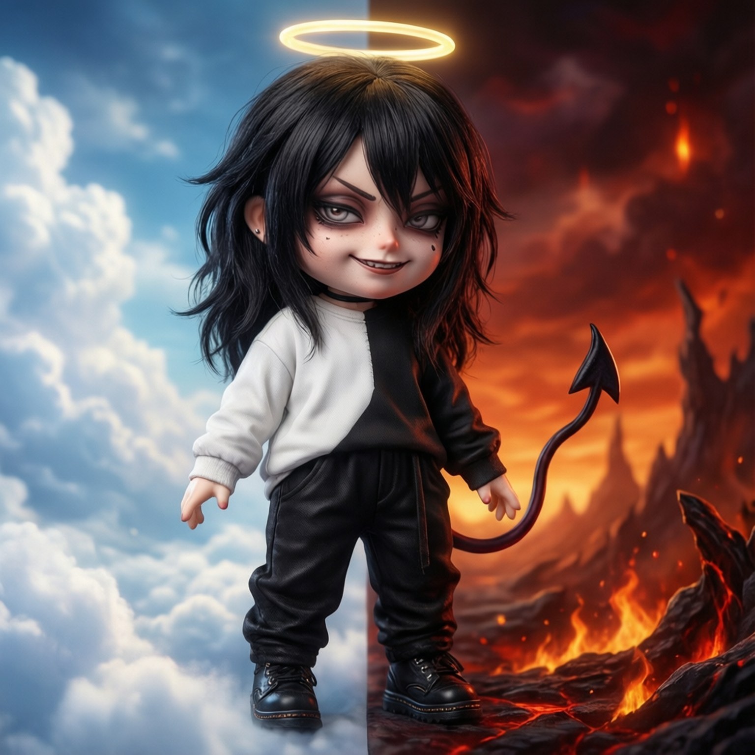 Angel and Devil 壁紙 — 一個黑髮、帶天使光環的Q版小孩，站在天堂雲彩與火焰地獄之間，並有惡魔尾巴。