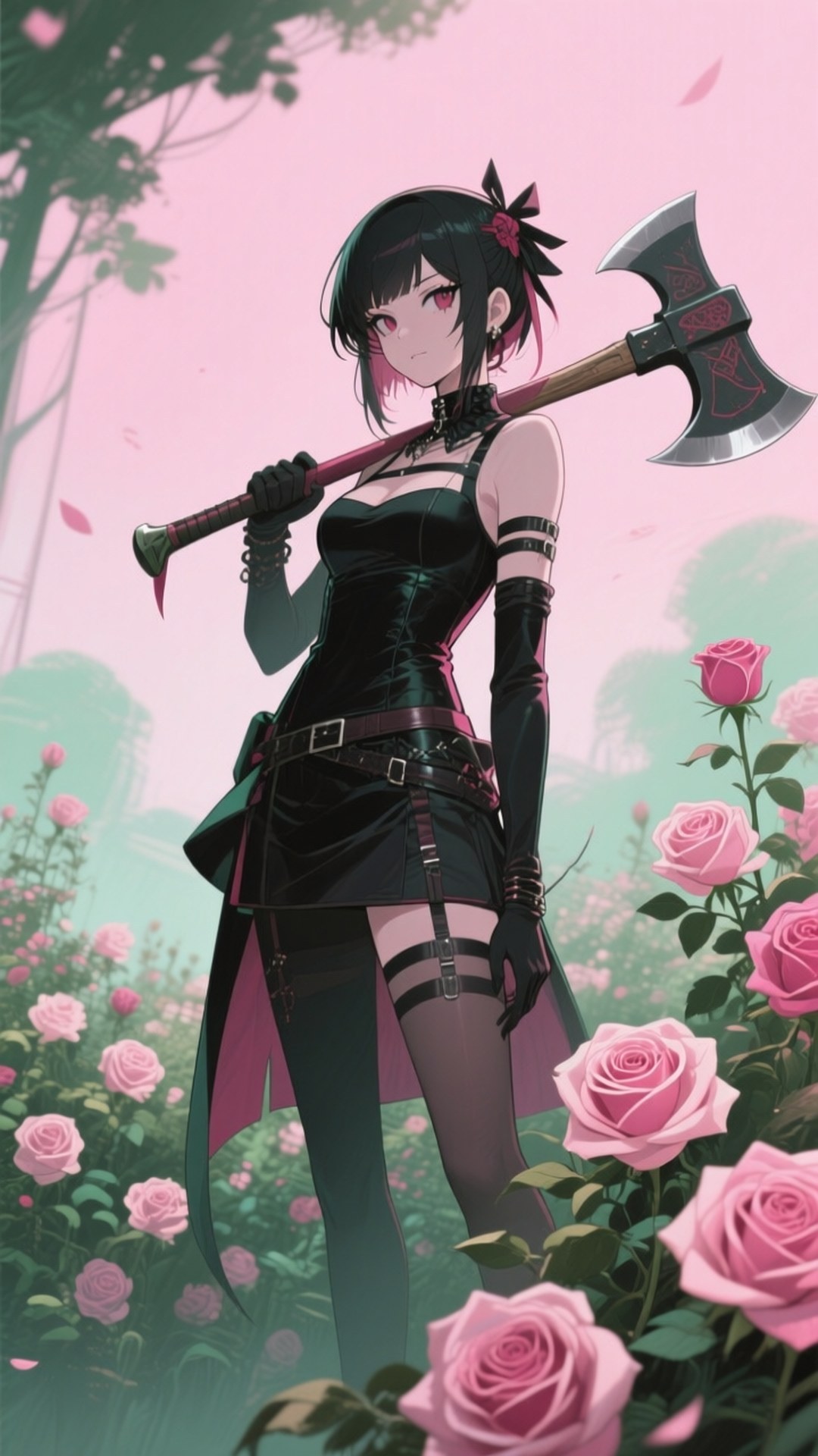 Noir's Rose Garden 壁紙 — 一個黑髮的動漫女孩穿著黑色皮甲，在柔和的粉紅色天空下，在一片粉紅玫瑰田中握著一把戰斧。