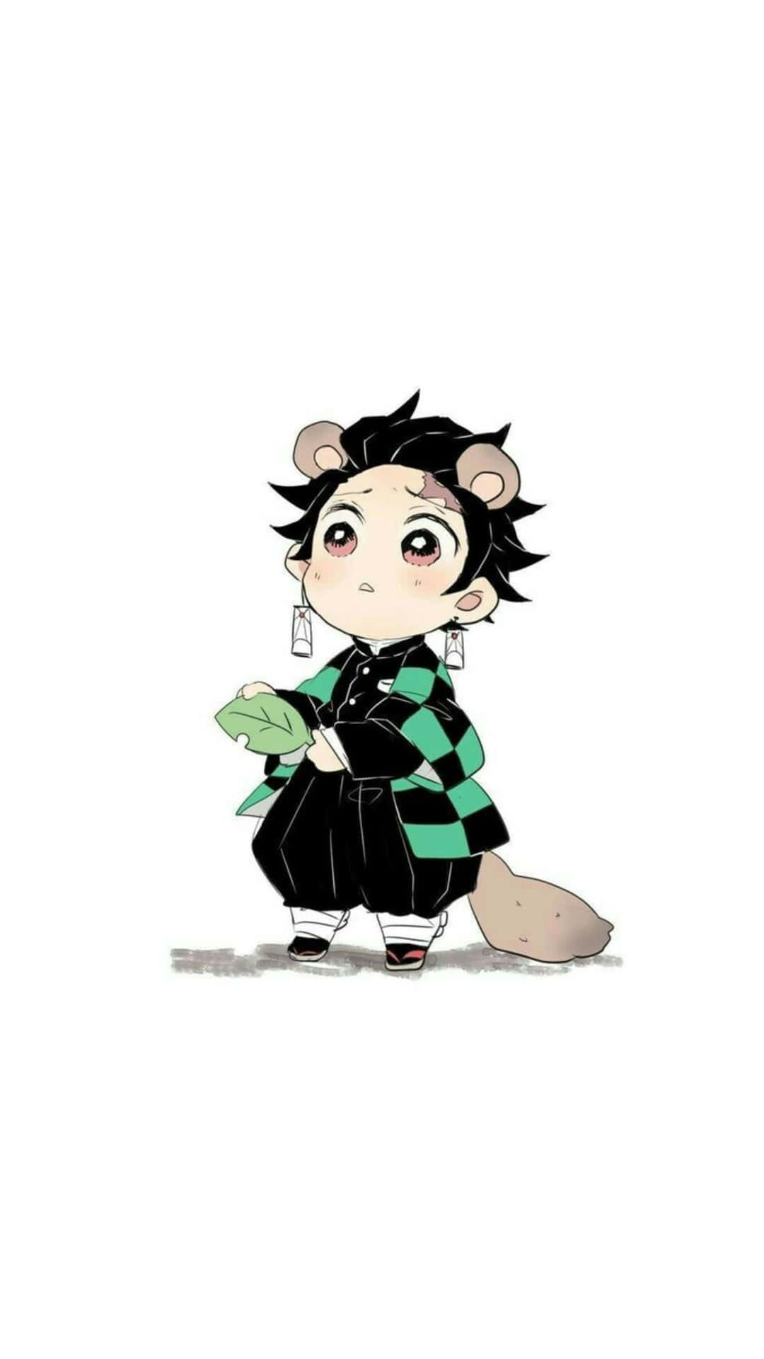  壁紙 — 一個黑髮熊耳的chibi動漫男孩穿著綠色格紋和服，手持一片葉子。