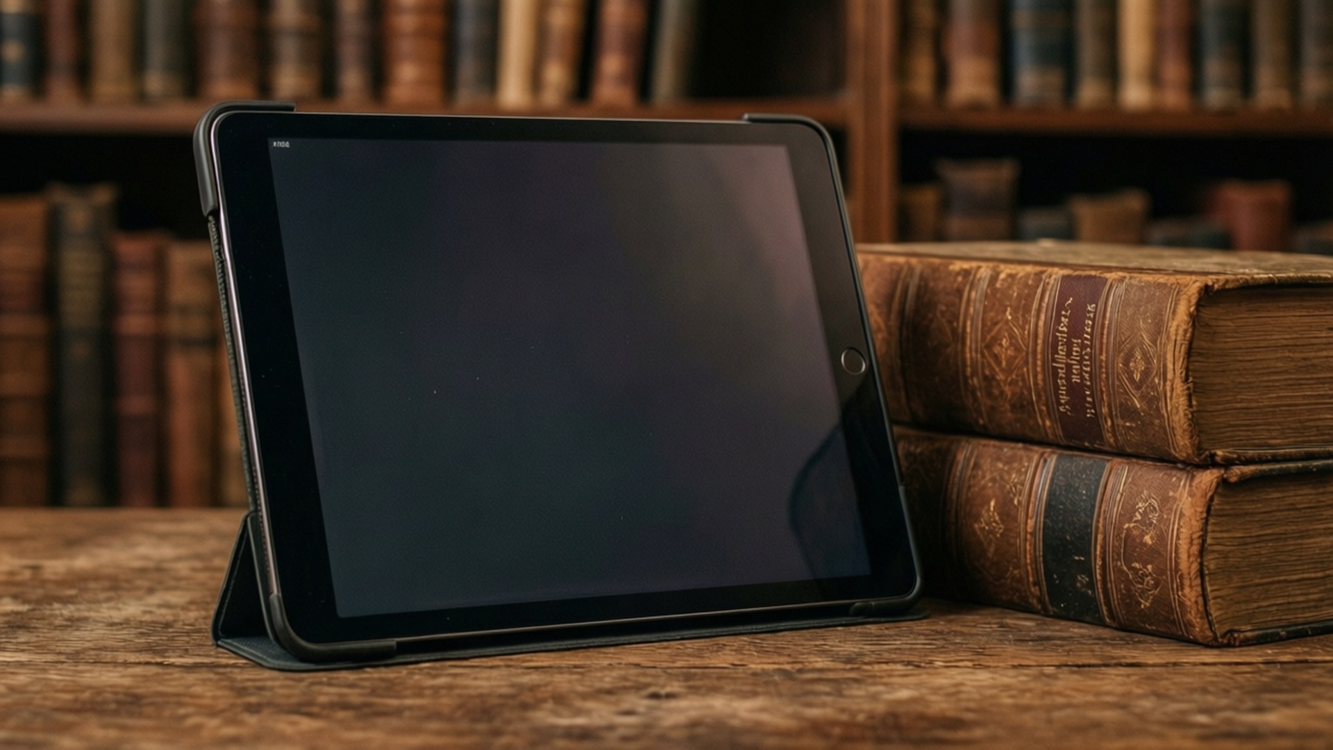 Library Tablet 壁紙 — 一個黑色平板電腦放在支架上，置於木桌上，旁邊有兩本疊起的皮面書，背景是書架。