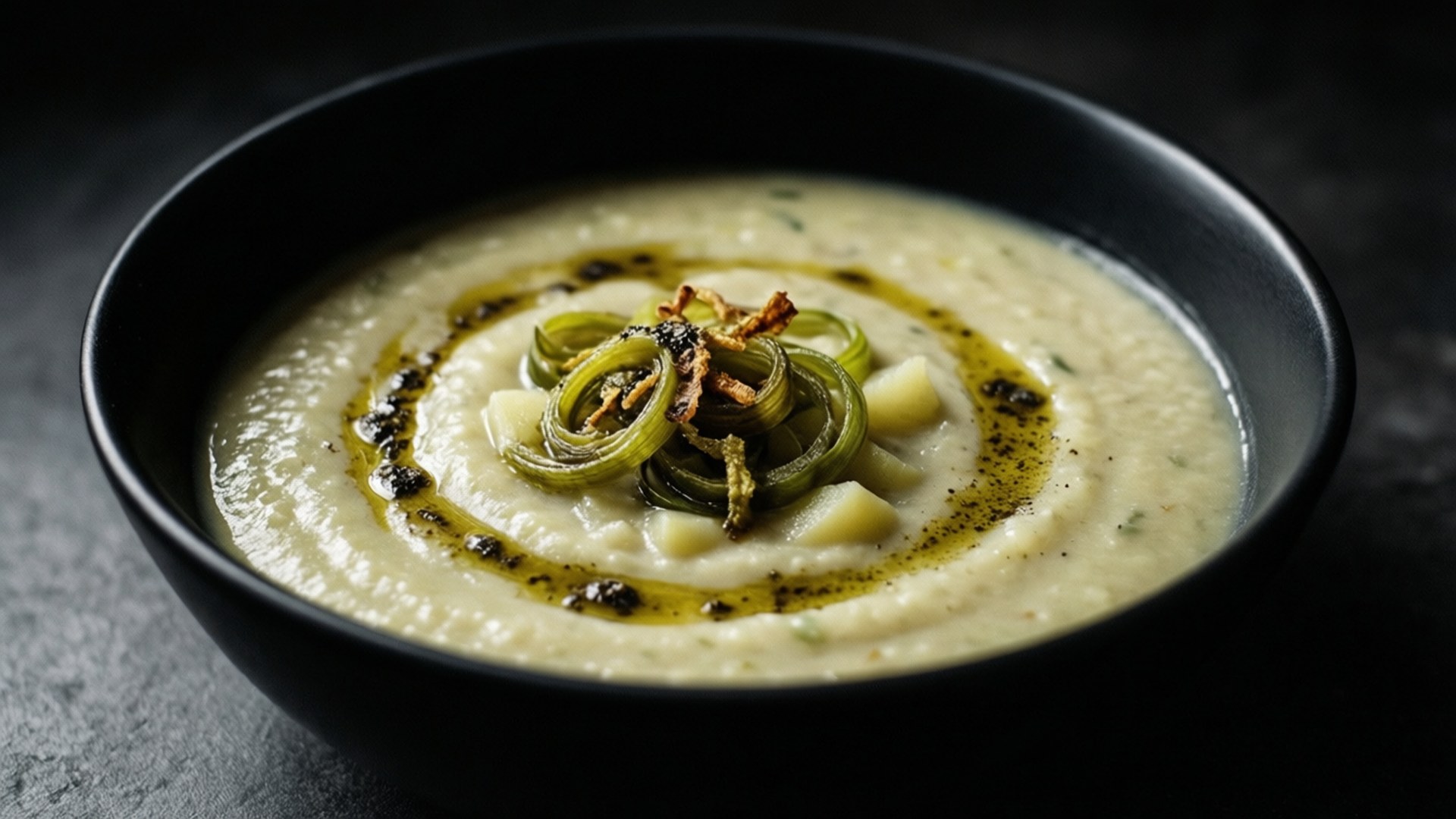 Leek Potato Truffle Chowder 壁紙 — 一個黑色碗中的奶油色淡湯，飾以橄欖油漩渦、脆韭菜和黑胡椒。