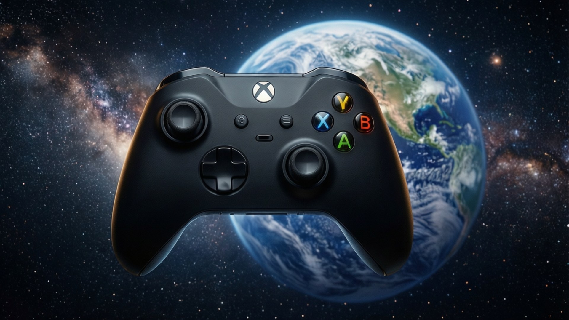 Controller in Space 壁紙 — 一個黑色Xbox手把漂浮在太空，背後有地球和繁星點點的銀河。