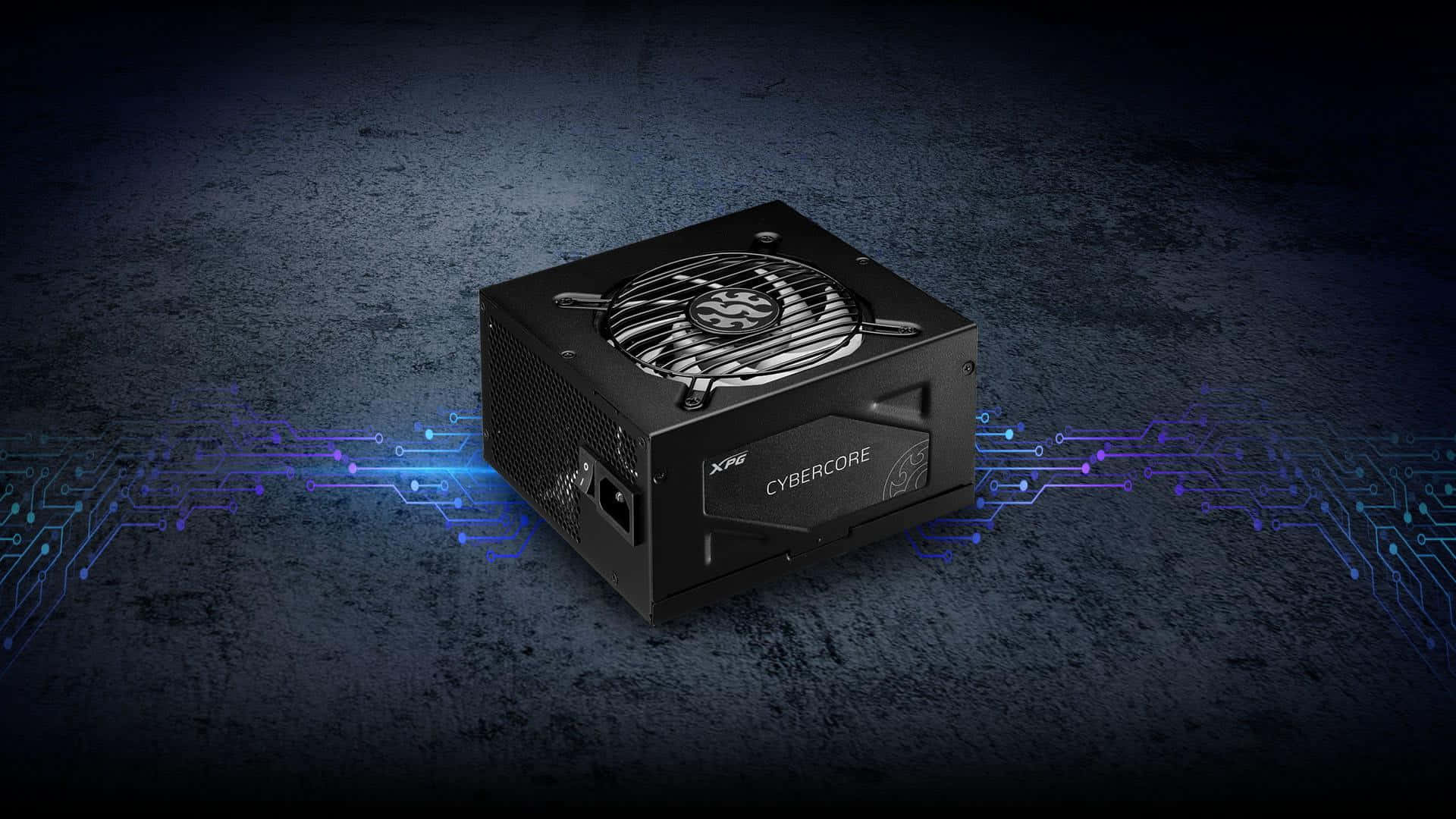  壁紙 — 一個黑色XPG CyberCore電源供應器放置在深色紋理表面上，下方流動著發光的藍色電路圖案。