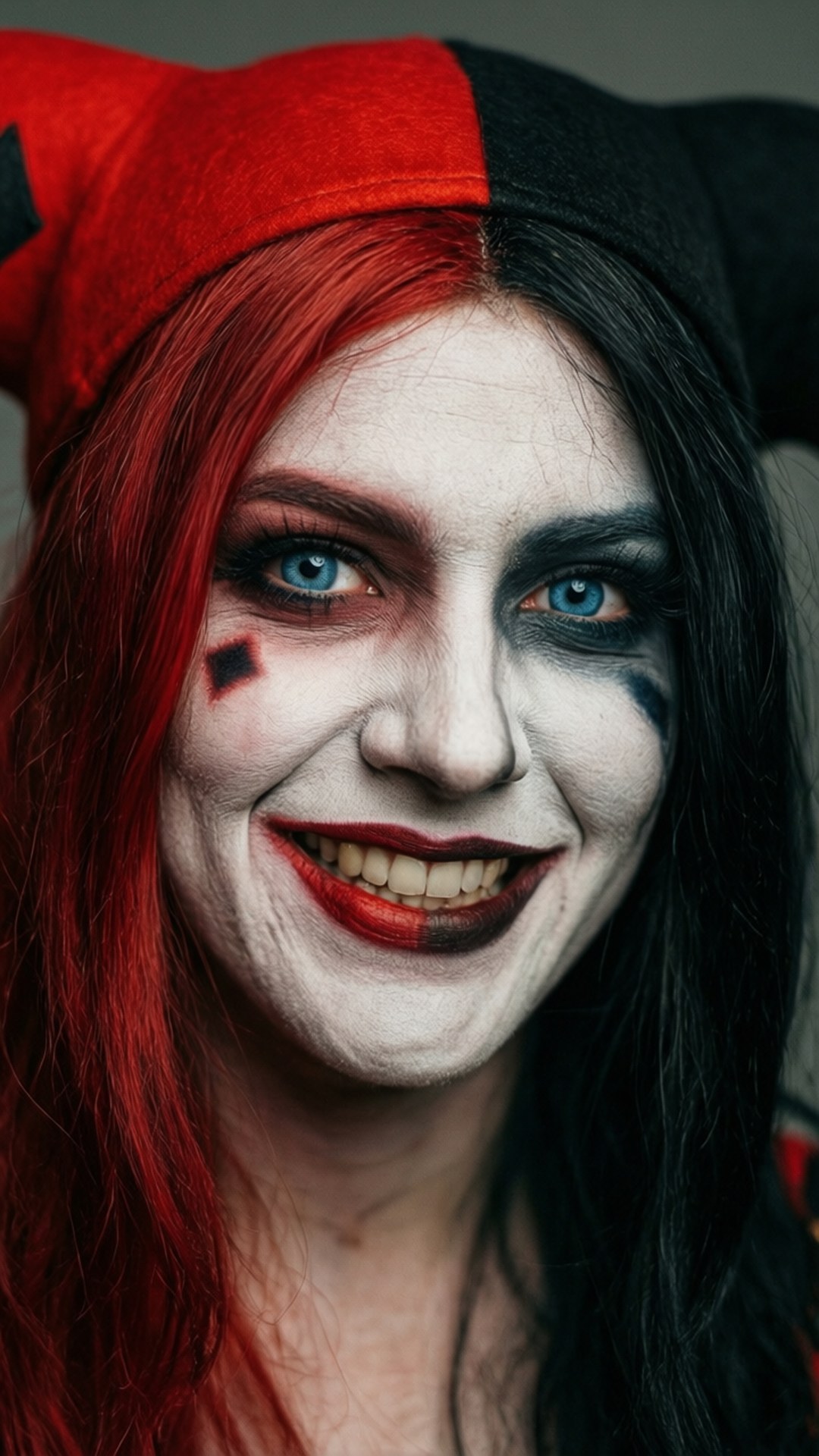 Harley Quinn Cosplay Portrait 壁紙 — 一個紅黑髮的人戴著紅黑色小丑帽，化著小丑妝，咧嘴大笑。